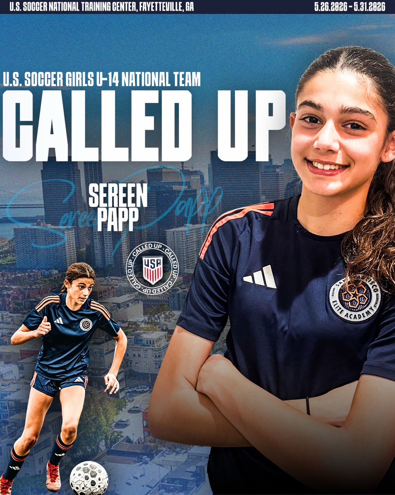 After earning multiple U.S. Soccer Talent ID Center invites and a selection to the West Region Mini-Camp, Sereen Papp is now headed to U-14 National Team camp at the new Arthur M. Blank U.S. Soccer National Training Center.
That’s not luck. That’s progression.
Every session. Every rep. Every time she stepped onto the field, she kept proving she belonged in bigger rooms.
From San Francisco Elite Academy to the national stage, Sereen continues to represent the City the right way.
Proud is an understatement.
#ForTheBay | #SiempreComoUno