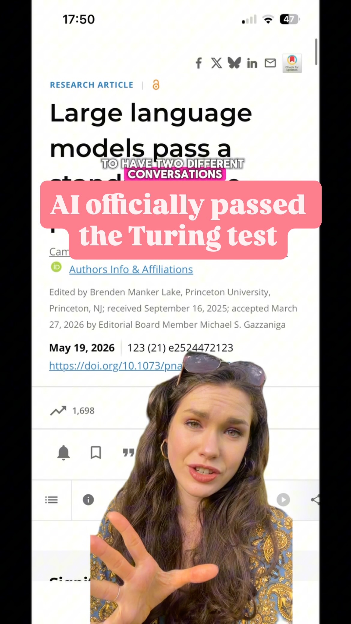 AI has officially passed the OG Turing testā¦
You might have heard of the Turing test - a framework designed by mathematician Alan Turing to see whether large language models could imitate human conversation so convincingly that real people couldnāt tell the difference
Itās a test of an AIās ability to demonstrate human intelligence
Well now AI has passed it - with flying colours.
Previous research has shown AI can pass a 2 person Turing test - where the āinterrogatorā has one conversation and has to decide whether they are talking to a human or AI. However, this is the first time AI has unequivocally passed a 3 person Turing test - where the āinterrogatorā has two conversations at once and has to decide which one is human and which is AI. (We actually covered this last year @live_science when the preprint came out but now the peer reviewed paper has been officially published).
They tested 4 different chatbots with varying success but for ChatGPT4.5, participants thought the chatbot was the real person 73% of the time!!!
They did had to give it a pretty detailed prompt before it became a convincing conversation partner so for the time being they still need our help to appear human-like, but with the speed at which this technology is developing I can imagine that will change pretty soon too
What do you think of this result?
#ai #ainews #technologynews #turingtest #sciencejournalism
