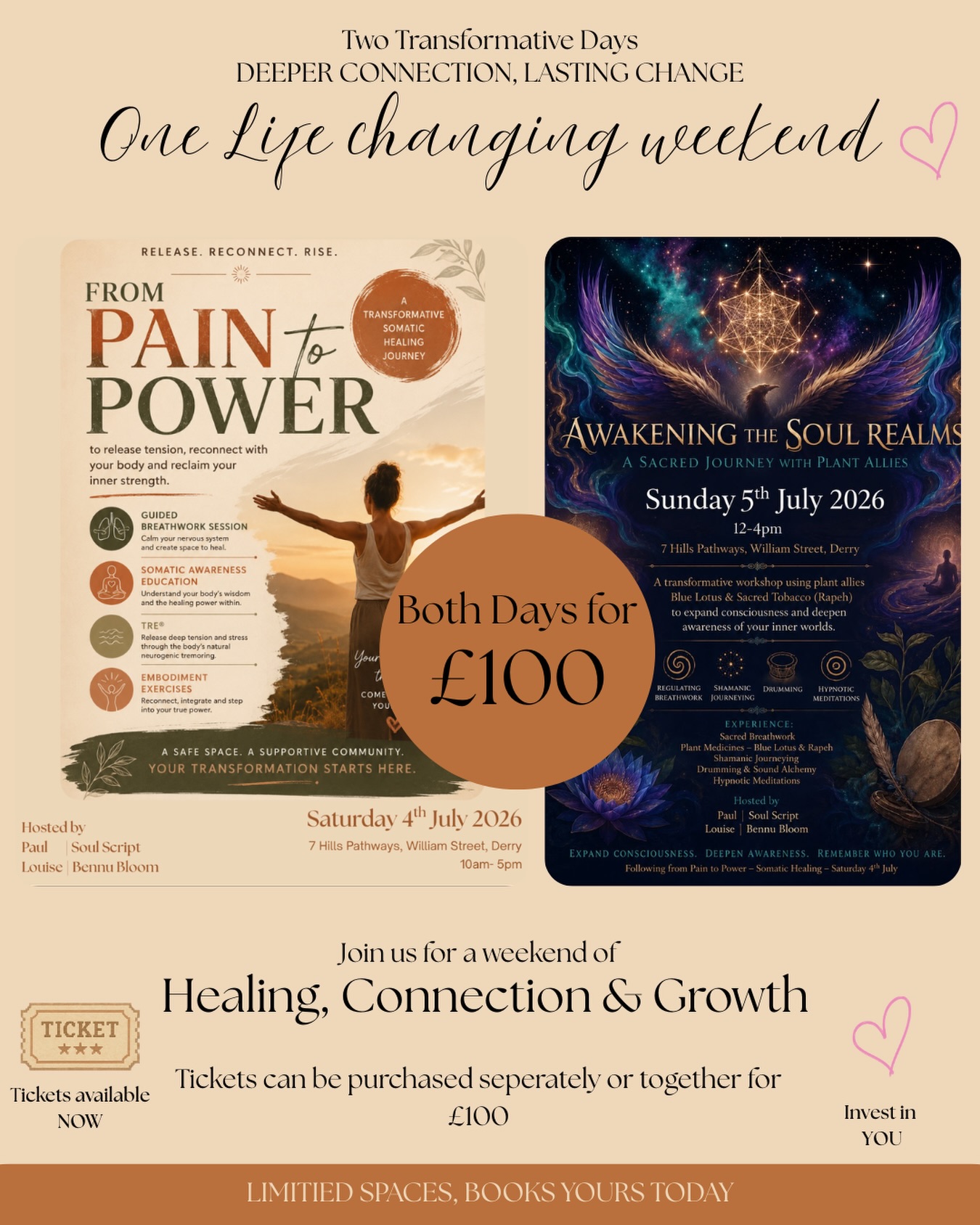 ✨ 2-Day Healing Journey: From Pain to Power & Soul Awakening ✨
Join us in Derry for a transformative weekend:
📅 Saturday 4th July | From Pain to Power
10am–5pm | £80
Somatic healing with Paul & Louise.
Regulate your nervous system, release stored tension & trauma through breathwork, TRE®, movement & body-based practices.
📅 Sunday 5th July | Awakening the Soul Realms
12pm–4pm | £50
Intimate session with Paul and Louise. Breathwork, shamanic journeying, drumming, hypnotic meditation & plant allies (Blue Lotus & Rapéh - optional) for deep reconnection and soul remembrance.
🎟️ Special Combo: Both Days for £100 (save £30)
Why attend both?
Day 1 creates safety in your body and nervous system. Day 2 builds on that foundation for deeper spiritual work and lasting integration. Together they offer a complete journey from embodied release to soul-level reconnection.
Facilitators:
Louise (Bennu Bloom Healing) – Certified TRE® practitioner with experience in somatic trauma release, breathwork, energy healing & holistic bodywork.
Paul (Soul Script) – Brings his background as a somatic-informed pharmacist (MPharm MSc) who bridges science and deeper inner work, supporting people beyond conventional approaches.
The Impact:
Feel lighter, calmer & more embodied. Reduce anxiety, improve sleep, build self-trust, release old patterns and reconnect with your intuition and inner power.
Limited spaces.
DM “BOTH”, “SAT” or “SUN” for tickets 💛
#somatichealing #breathwork #tre #healingjourney #derry