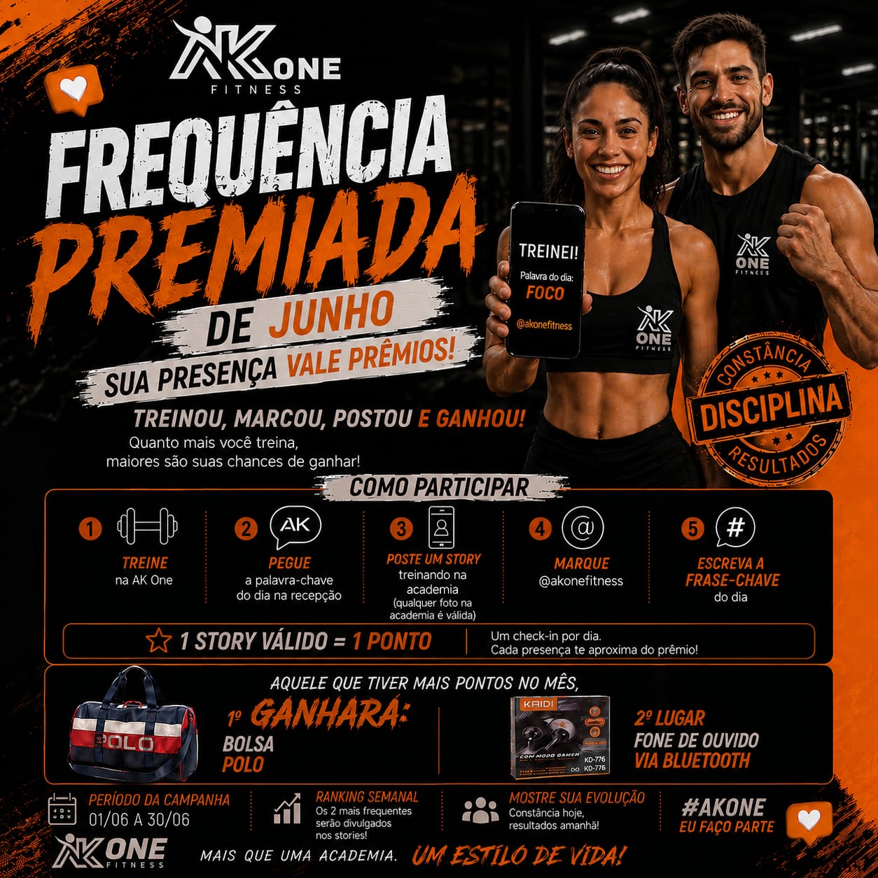 🔥 FREQUÊNCIA PREMIADA DE JUNHO CHEGOU NA AK ONE! 🔥
Treinou? Sua presença pode valer prêmio! 💪🏽
Durante todo o mês de junho, cada treino pode te aproximar da vitória. Basta fazer seu check-in através dos stories e acumular pontos.
✅ Treine na AK One
✅ Pegue a FRASE-CHAVE do dia na recepção
✅ Poste um story marcando @akonefitness
✅ Qualquer foto dentro da academia é válida
✅ Cada story válido = 1 ponto
🏆 PREMIAÇÃO
🥇 1º Lugar: Bolsa Polo
🥈 2º Lugar: Fone de ouvido Bluetooth
📅 Período da campanha: 01/06 a 30/06
Além disso, os 2 alunos mais frequentes serão divulgados nos stories da AK One!
Mostre sua disciplina, inspire outras pessoas e concorra aos prêmios. Quanto mais você treina, mais chances tem de vencer!
#AKOneFitness #FrequenciaPremiada #FrequenciaPremiadaDeJunho #AKOne #EuFaçoParte #TreinoPremiado #VidaSaudavel #Academia #Treino #Disciplina #Constancia #Resultados #Foco #Motivacao #GymLife #FitnessBrasil #TreinarFazBem #CheckinAKOne #DesafioAKOne #VemPraAKOne 💥🏋️♂️🔥