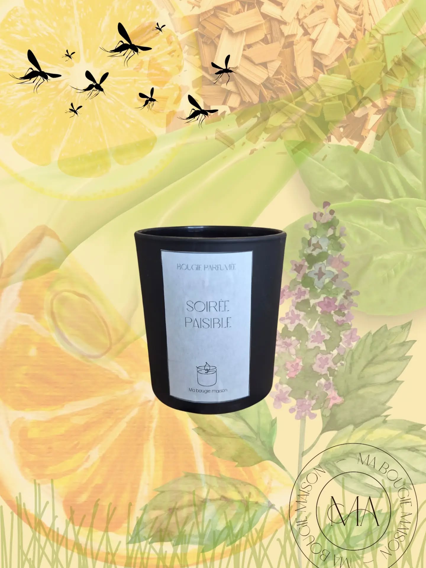Retrouvez soirée paisible, la bougie idéale pour faire fuir les petites bêtes