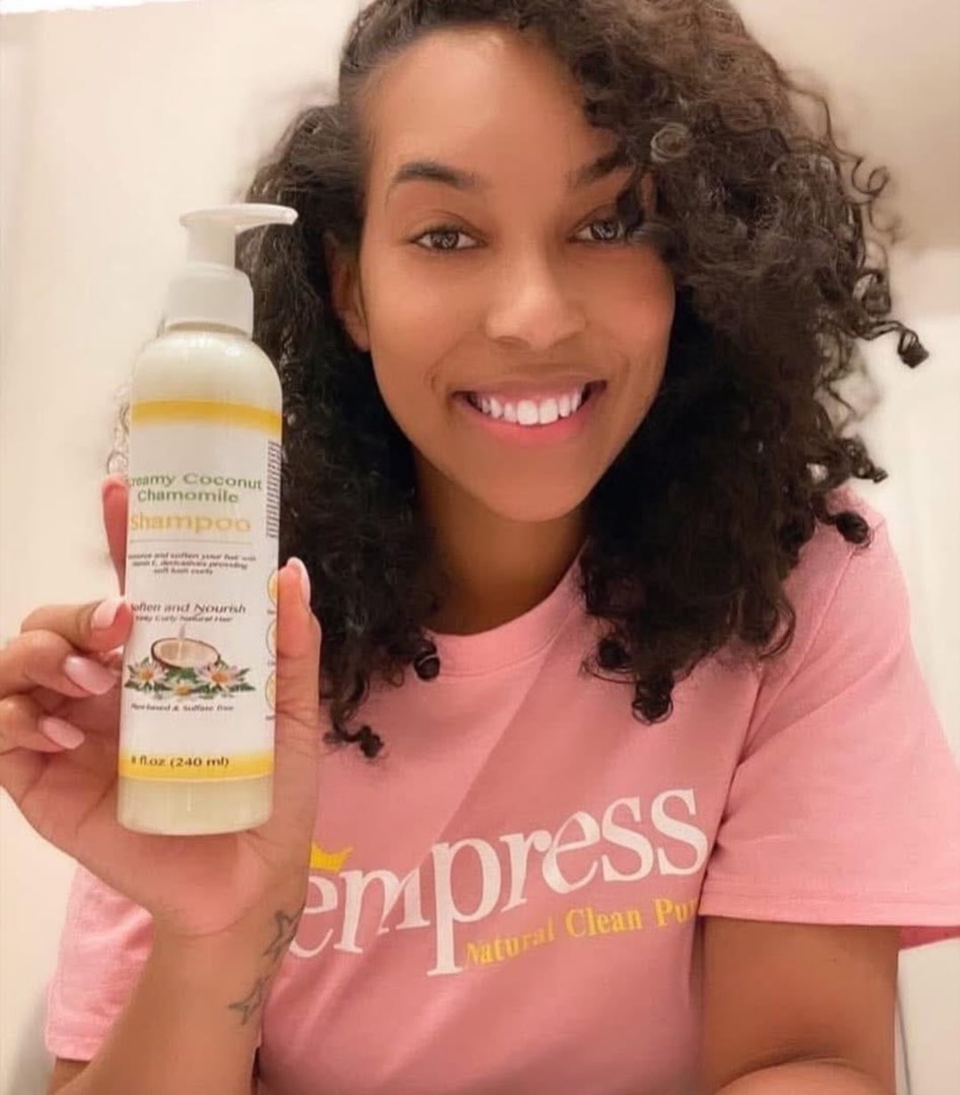 🫧🧴Enjoy our lightweight, sulfate-free formula creamy shampoo. Formulated for dry and curly hair types. Made with certified organic ingredients.
You can depend on Empress Divine for organic hair care products for every step of your routine, including wash day. Our Creamy Coconut Chamomile is Shampoo is a gentle cleanser that softens and strengthens your hair with rich moisturizing agents, using certified organic ingredients like Creamy rich Shea butter & Honey, Coconut protein, and Chamomile extract for beautiful results. Coconut protein creates strength and elasticity, while Honey provides shine and manageability. Enjoy clean, beautiful hair and order this healthy shampoo from Empress Divine today!