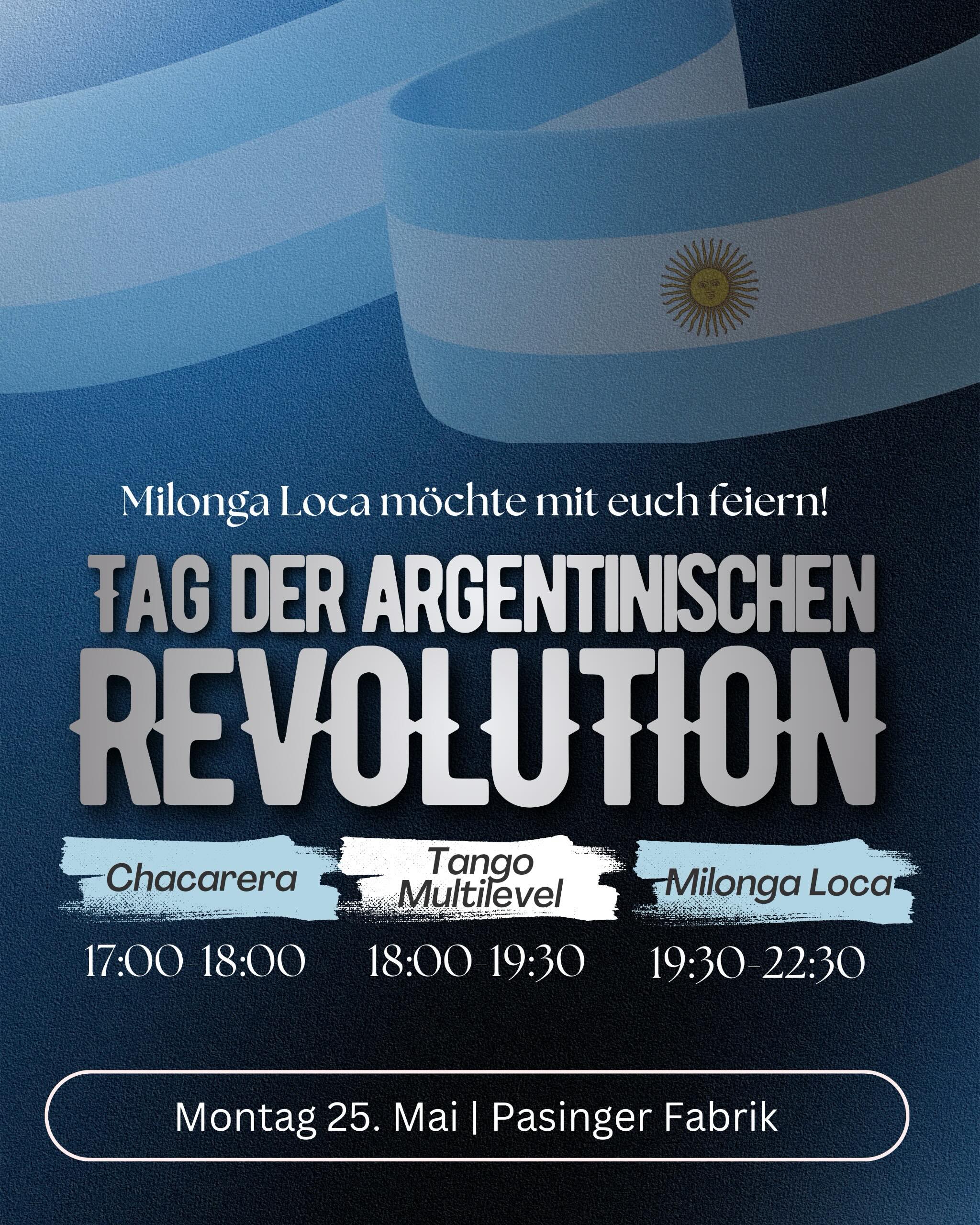 MORGEN - REVOLUTIONÄRE MILONGA LOCA
Programm:
- 17-18 Uhr - Gratis Chacarerea Workshop
- köstliche hausgemachte Empanadas
- Livemusik
- und vieles meeeehr!
Ihr seid unsere argentinische Familie, deshalb freuen wir uns sehr Euch morgen zu umarmen!
PS: *Aufgepasst* Dienstag & Mittwoch Änderung in den Uhrzeiten wegen Pfingstferien.