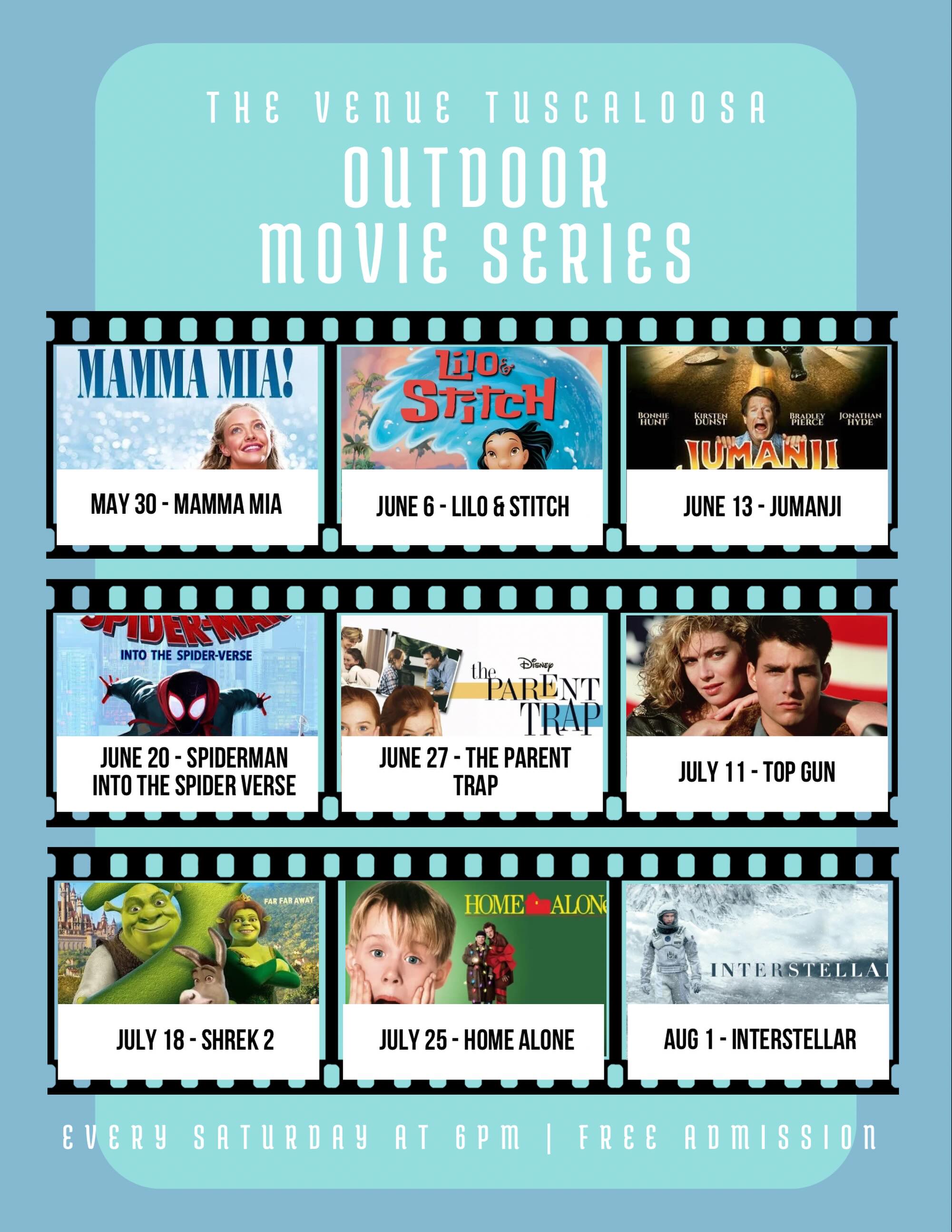 🎬✨ SUMMER MOVIE NIGHTS ARE HERE ✨🎬
Starting THIS weekend, join us every Saturday at 6PM for our Outdoor Movie Series at The Venue Tuscaloosa! 🌙🍿
The perfect date night, GNO, or family night out. Bring a blanket, grab one of our lawn chairs, order dinner, cocktails, or a sweet treat from Liza’s, and settle in for your favorite movies under the stars. 😊⭐️
Each movie night will also feature a specialty themed cocktail (in Finnys Pub)!!🍹🎥
We’re dog friendly too! 🐾 Just keep your pups on a leash! Please note that outside food and drinks are not allowed.
Oh, and FREE admission! ☀️
Who are you bringing to movie night first? 👀🍿