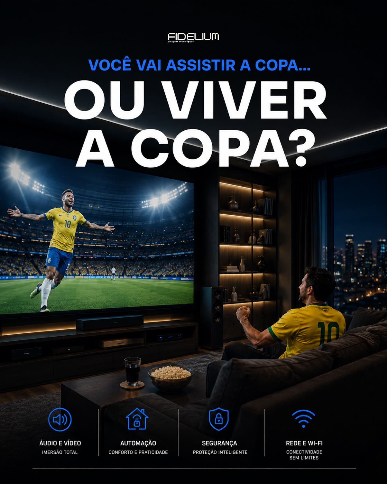 A Copa do Mundo fica ainda maior quando tecnologia, conforto e imersão fazem parte da experiência.
Com os projetos Fidelium, você transforma sua casa em um verdadeiro ambiente de cinema e vive cada lance como se estivesse no estádio.
Áudio de alta performance, imagem impecável, automação e conectividade para você sentir cada emoção no mais alto padrão.
Você vai assistir… ou viver a Copa? 👀