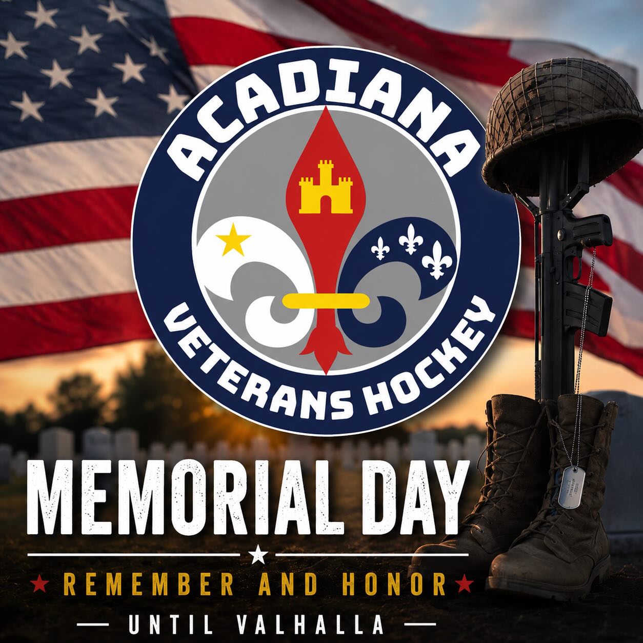 Today, we honor and remember the brave men and women who made the ultimate sacrifice for our freedom. Their courage, dedication, and selflessness will never be forgotten.
From all of us at Acadiana Veterans Hockey, we pay tribute to our fallen heroes and the families who carry their legacy forward each day.🇺🇸
