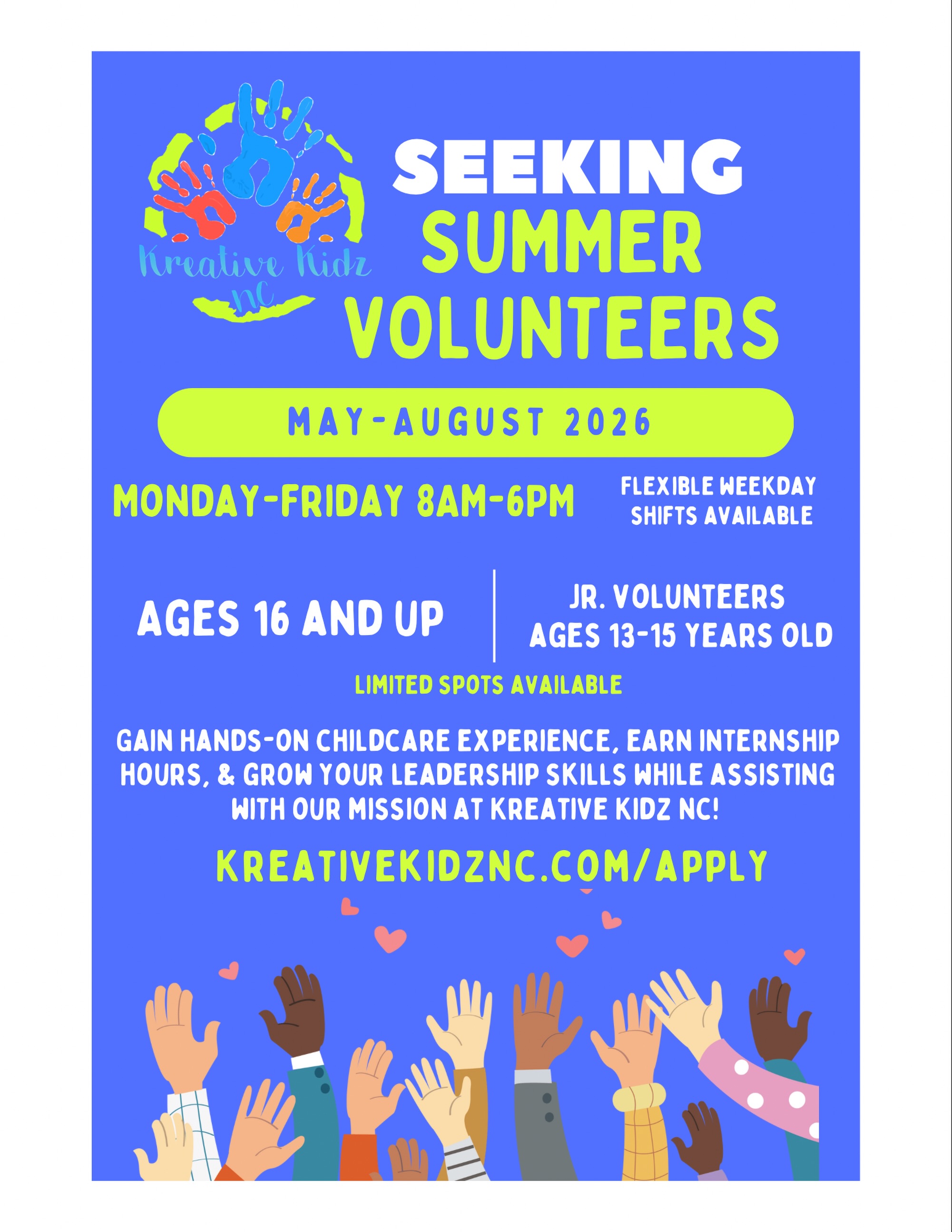 No boring summer over here 😎☀️
Come spend your summer with us at Kreative Kidz NC! 💚✨
If you love kids (or want to learn!), this is your chance to gain experience, earn volunteer hours, and be part of something meaningful 💛
✨ Flexible weekday shifts
✨ Leadership & hands-on experience
✨ Great for future teachers & sitters
✨ Potential for future paid opportunities
Limited spots available!
Apply now: kreativekidznc.com/apply