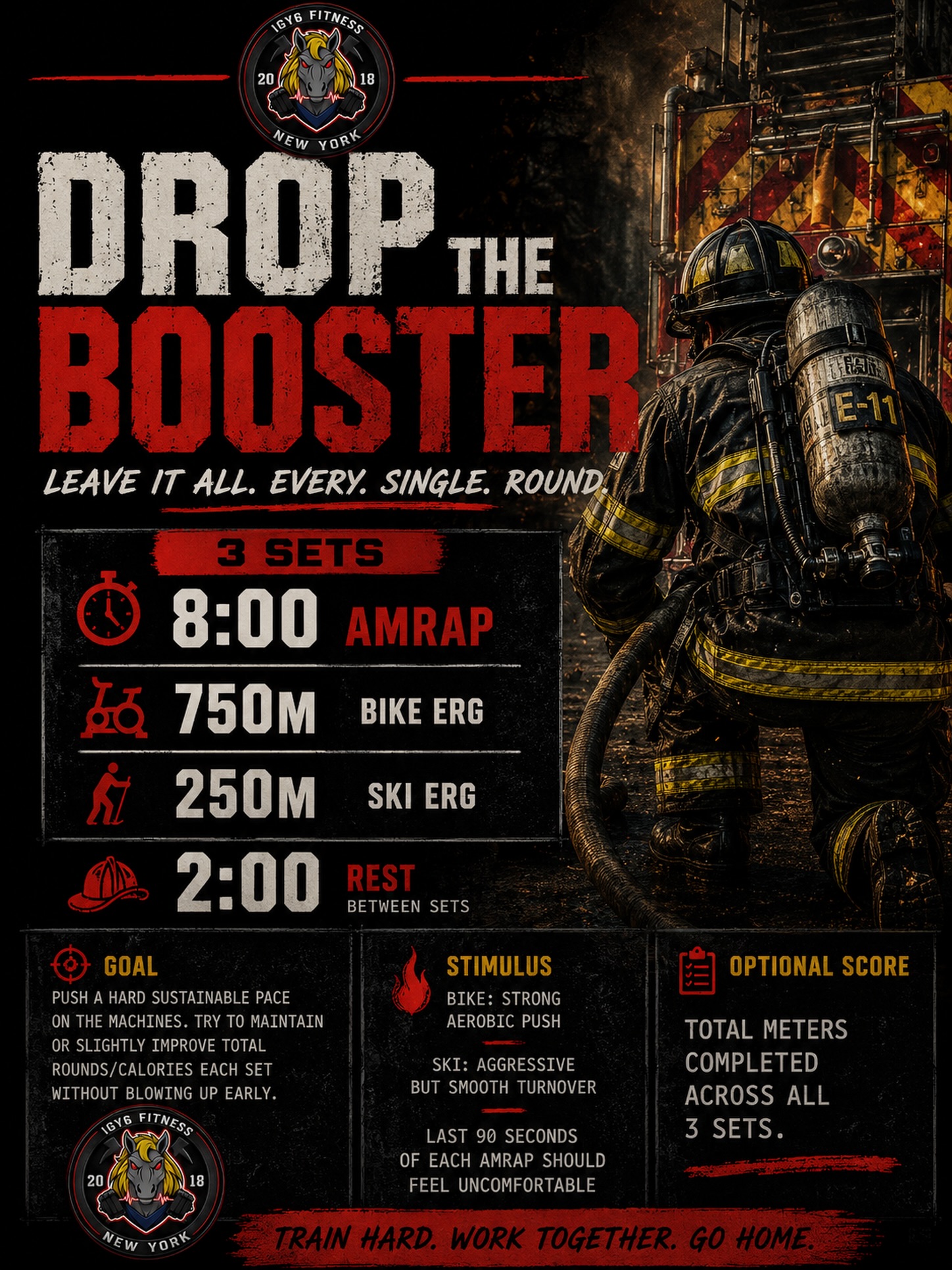 🔥DROP THE BOOSTER🔥
Goal:
Push a hard sustainable pace on the machines. Try to maintain or slightly improve total rounds/calories each set without blowing up early.
Stimulus:
* Bike: strong aerobic push
* Ski: aggressive but smooth turnover
* Last 90 seconds of each AMRAP should feel uncomfortable
Optional Score:
Total meters completed across all 3 sets.
Questions about movement variations and scaling? Drop us a DM!
#firefighterfunctionalfitness #firefighterfitness #firstresponderfitness #igy6 #trainforlife