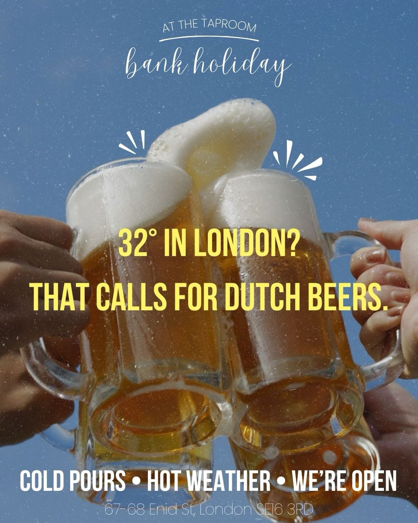 ☀️ 32 degrees in London? That calls for Dutch beers.
Tomorrow’s Bank Holiday Monday. Cold pours, sunshine and good times all day long at the Taproom.
No excuses needed, just sunshine and a pint in hand. 🍺🇳🇱
#BankHolidayMonday #dutchtaproom #bermondseybeermile #beer #london