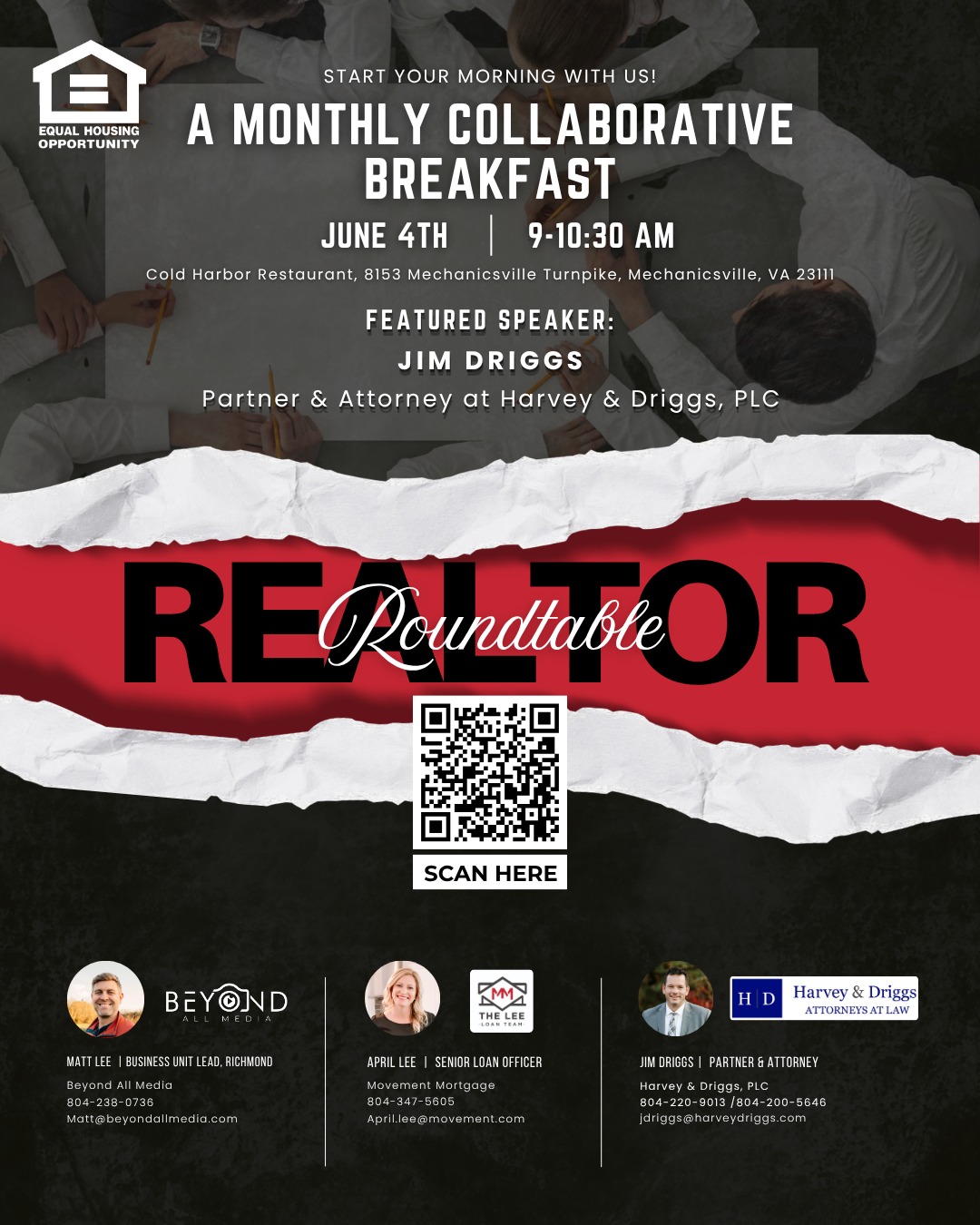 Every transaction has details that can protect the deal, or create problems later.
Thatโs why this monthโs Realtor Roundtable is focused on the legal side of real estate, with insight every agent should understand before the contract becomes the issue.
Join us on Thursday, June 4 as we welcome Jim Driggs, Esq., Partner & Attorney at Harvey & Driggs ( @harveydriggsplc ), for a practical conversation on real estate trends from a legal perspective.
Topics include:
โก๏ธ Contract red flags
โก๏ธ Inspection contingencies
โก๏ธ Estate-owned properties
โก๏ธ LLC ownership complexities
This is for agents who want to sharpen their knowledge, protect their clients, and navigate transactions with more confidence.
๐ Cold Harbor Restaurant, Mechanicsville
๐
Thursday, June 4
โฐ 9:00 AM to 10:30 AM
โ Arrive at 8:45 AM for networking
Bring a fellow agent who would benefit from being in the room.
๐๏ธ Scan the QR code on the flyer to save your seat.
#RealtorRoundtable #RealEstateEducation #AgentNetworking #BeyondAllMedia