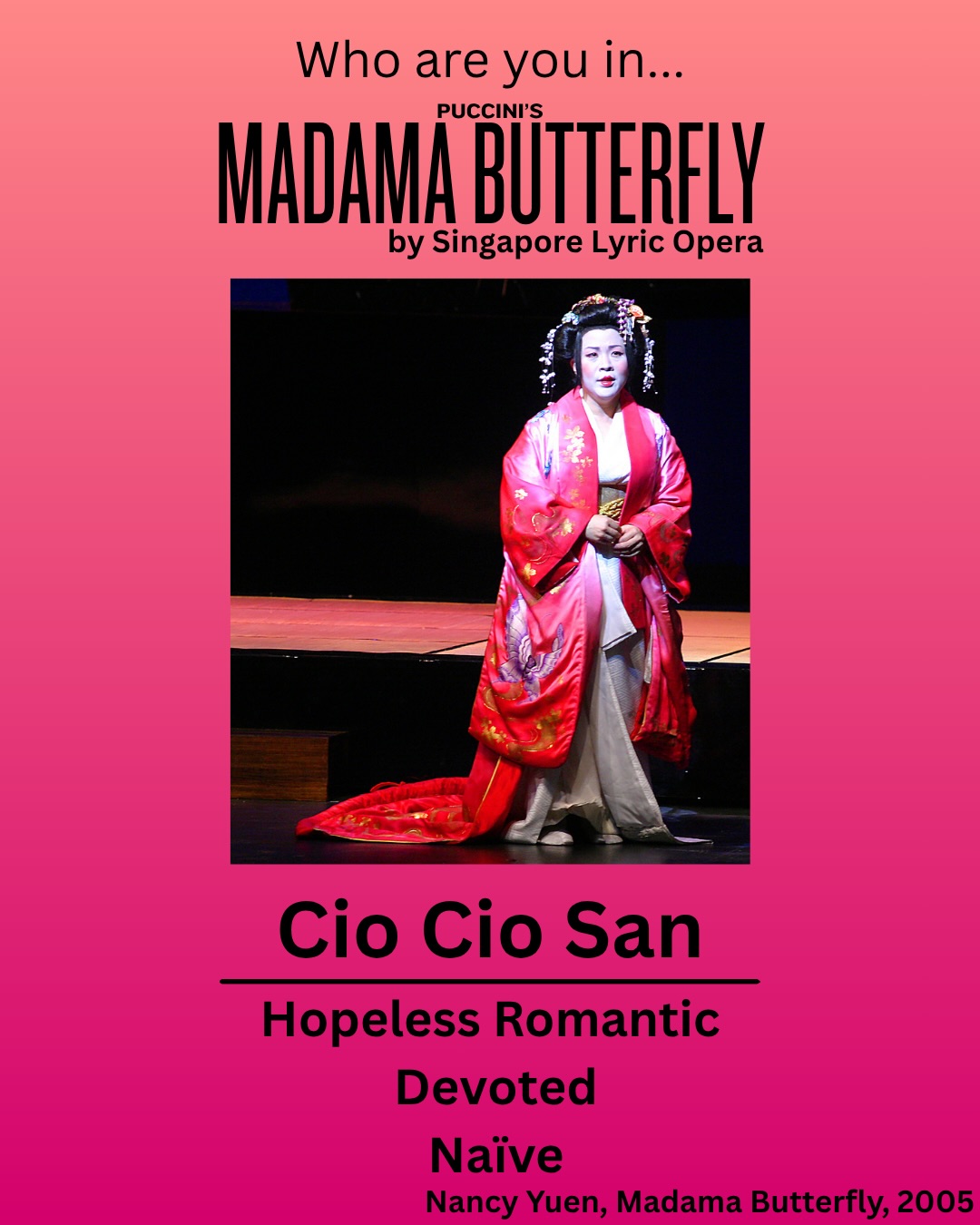 🌸 Which Madama Butterfly character are you? 👀
Are you the hopeless romantic like Cio-Cio-San?
The loyal friend like Suzuki?
Or maybe a little too confident like Pinkerton… 👀
Tag yourself (and your friends) in the comments and see who matches your personality best!
Experience these unforgettable characters come to life on stage in Singapore Lyric Opera’s Madama Butterfly — Puccini’s timeless tale of love, devotion, and heartbreak.
🎟 Anniversary promo tickets now available via SISTIC (22% off for a limited time for each pair purchase)
📅 2–4 July 2026
📍 Victoria Theatre
Come witness the story behind the characters this July. 🌸
#MadamaButterfly #SingaporeLyricOpera #OperaSG #Puccini #TagYourself WhatsOnSG