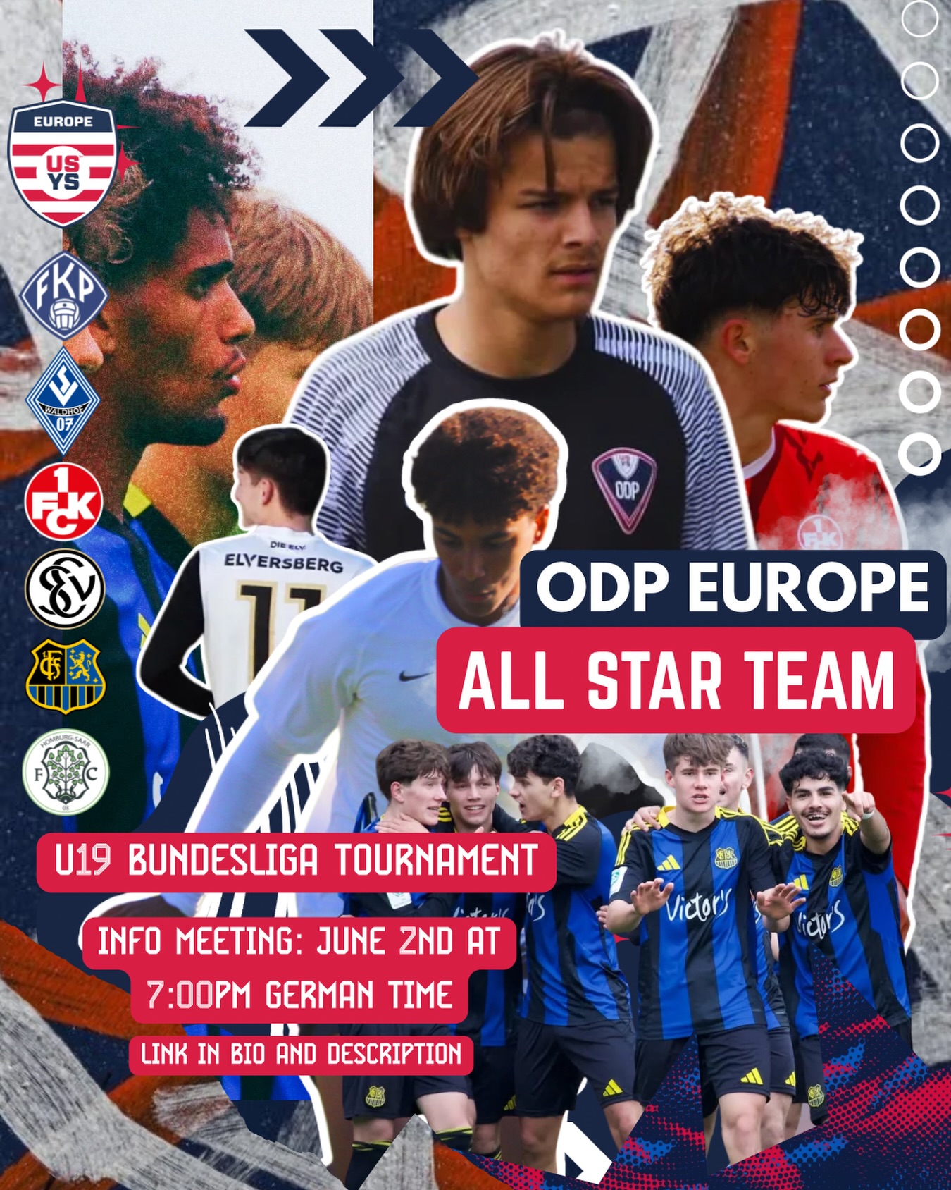 We’re building our ODP Europe All Star Team for the U19 Boys ProSoc Next Generation Cup in Kaiserslautern-Germany and YOU could be part of it!
Every American player is welcome to join. Don’t miss this incredible opportunity to compete in a top-level tournament and test your skills versus top European competition!
Interested? Fill out the form in our bio:
https://forms.cloud.microsoft/pages/responsepage.aspx?id=1AMvrhv16k2PyPOoLp_xrYGrw_qZgVdFqko2mCgz2FBUN1I4WjQ3WTQwU1RCWFM5QlFCT0hUTFdWUi4u&route=shorturl
And attend our info meeting on June 2nd, at 7:00pm German time with the link below:
https://teams.microsoft.com/meet/31412115295327?p=RUEOV1D0Flzi9llQ4I
During our Info Meeting we’ll walk you through the full schedule, and share everything you need to know regarding the event!