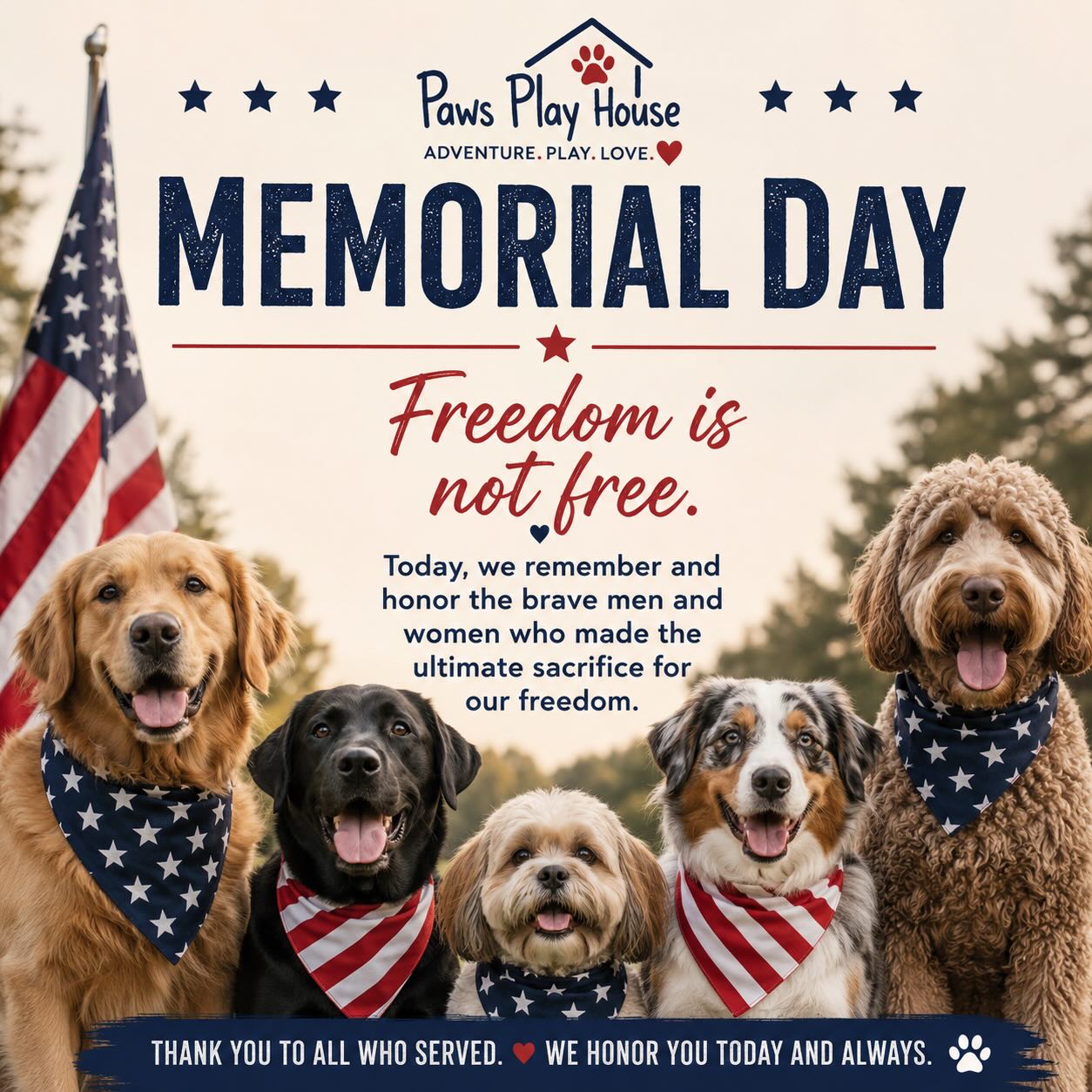 Today, the pups of Paws Play House are remembering and honoring the brave men and women who gave everything for our freedom. 🇺🇸🐾
Freedom is not free.
While we spend today enjoying playtime, outdoor fun, and the people we love, we remember those who made those moments possible through their sacrifice.
From our pack to yours. Thank you to all who have served, and especially to those we honor today.
Wishing everyone a safe and meaningful Memorial Day. ❤️🤍💙
#MemorialDay #FreedomIsNotFree #PawsPlayHouse #RememberAndHonor #DogsofInstagram TacomaDogs AdventureDog