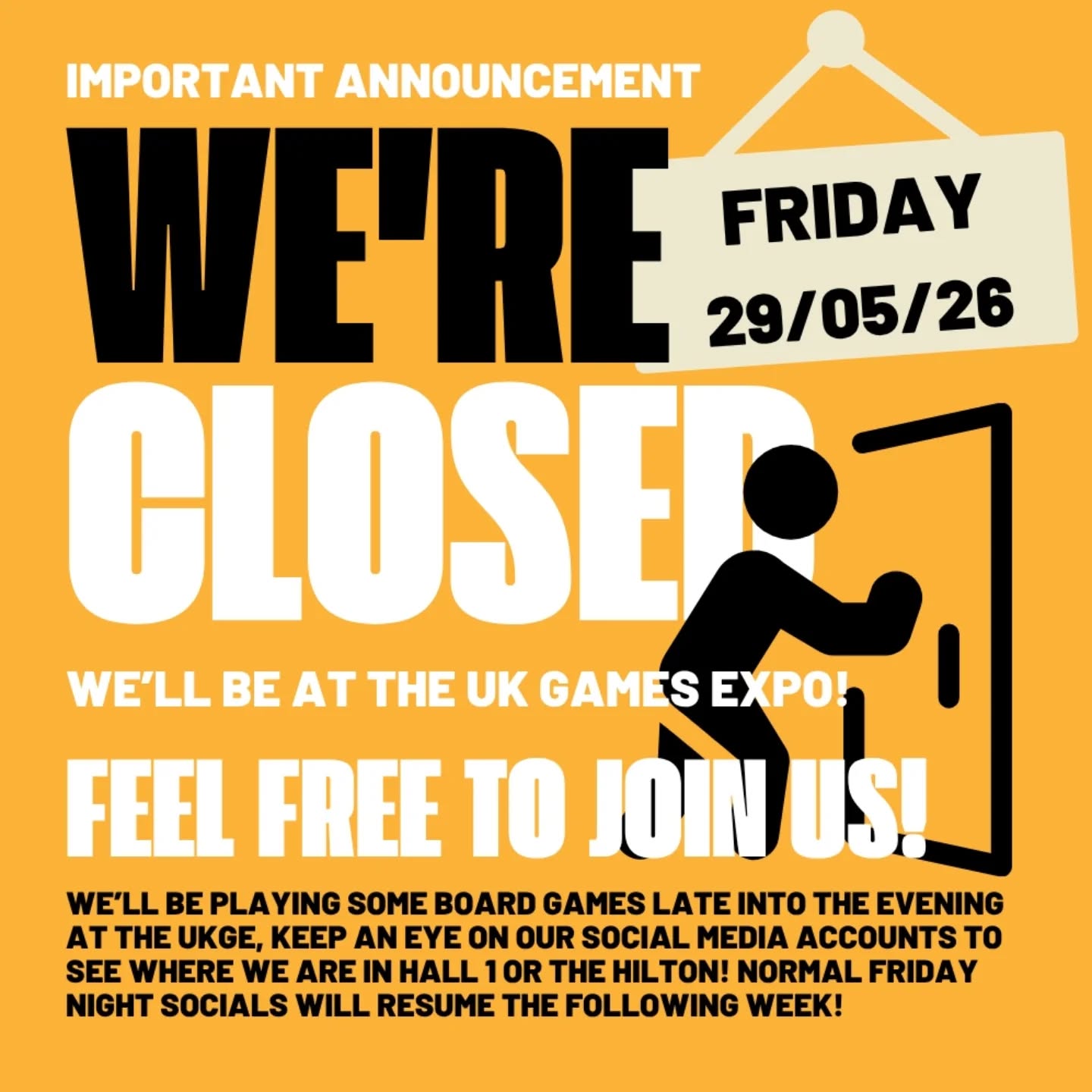 Hi all! A quick update for this week:
The Wednesday Night Social is on as usual from 7pm-10pm at Nuneaton United Reform Church Hall, so we’ll see you there.
HOWEVER! The Friday Night Social will be closed this week as we’ll be at @ukgamesexpo for the weekend, playing some games, spending too much money and having a whale of a time!
If you’re heading to Expo as well, come and say hi. We’ll be posting updates on social media over the weekend, and sharing our location in the play hall on our Stories if anyone wants to come hang out or join us for games!
#ukgamesexpo
#nuneaton #tabletopgaming #boardgames #socialnight