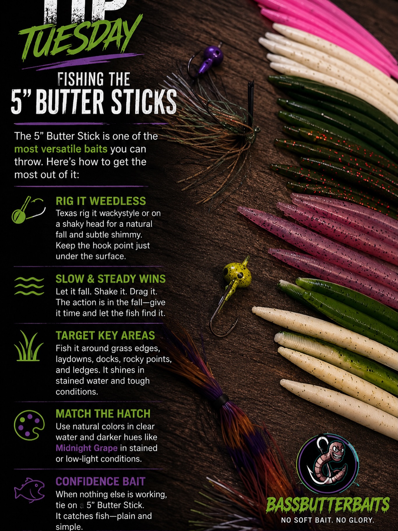 TIP TUESDAY: Fishing the 5” Butter Stick 🎣
When the bite gets tough, slow it down. The 5” Butter Stick shines when you let it fall, twitch it, pause it, and let the bait do the work.
Fish it around:
Grass edges
Docks
Laydowns
Shade lines
Stained water
Rig it weightless for a natural fall or Texas rig it when you’re around heavier cover.
Which color are you grabbing first — Bubble Gum, Whiteout, Green Pumpkin, Watermelon Red, Princess Pink, or Midnight Grape?
#BassButterBaits #ButterStick #TipTuesday #BassFishing #SoftPlasticBaits FishingLife BassFishingTips FishingGeorgia