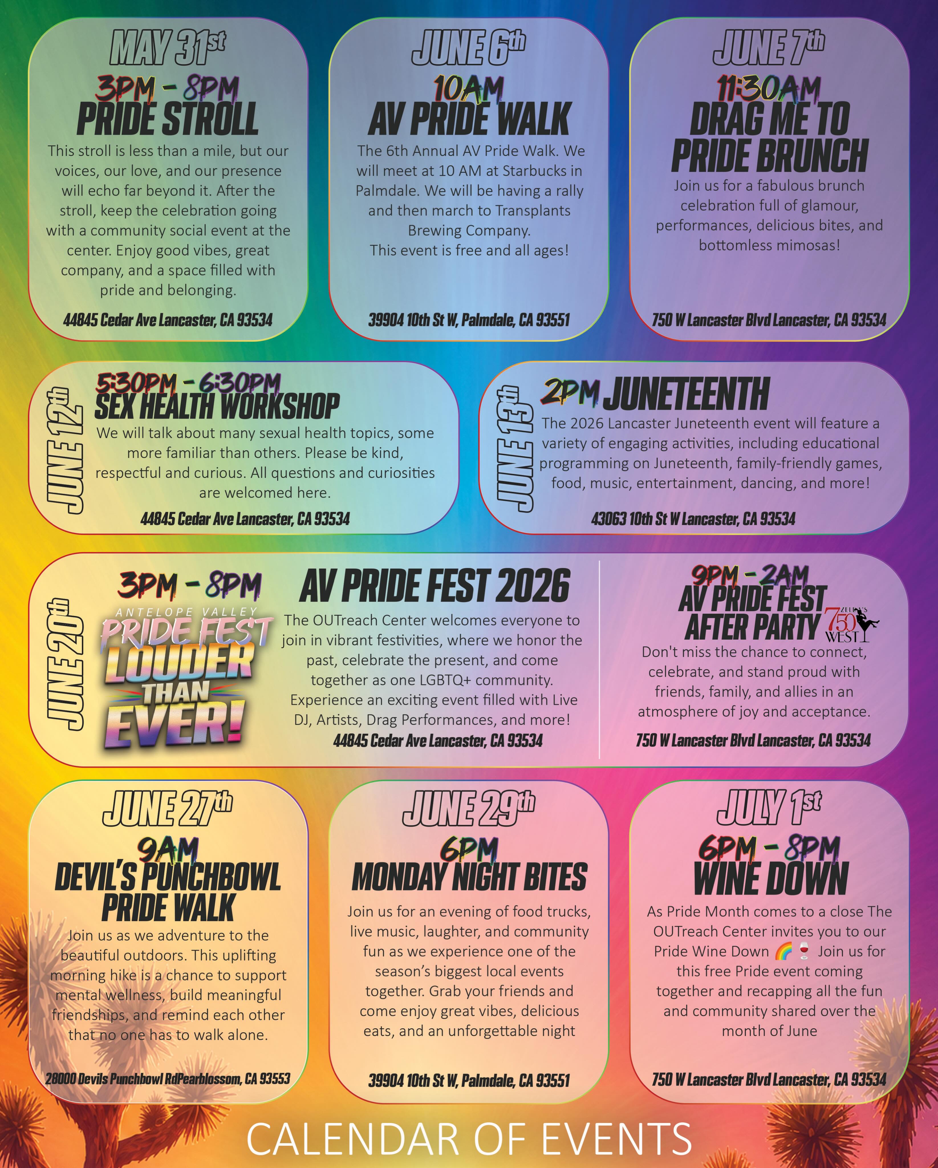 ๐โจ PRIDE SEASON IS HERE! โจ๐
Get ready for a month full of connection, celebration, community, and Pride! ๐๐ณ๏ธโ๐๐ณ๏ธโโง๏ธ From our annual Pride Stroll to Drag Show, educational workshops, Juneteenth celebrations, the Antelope Valley Pride Festival, and so much moreโthereโs something for everyone this Pride season!
Whether youโre joining us for your first event or youโre a longtime supporter, we invite you to come celebrate, connect, and help us make this yearโs theme, โLouder Than Ever!โ, come to life. Together, we honor our history, celebrate our present, and build a stronger future for our LGBTQ+ community and allies. ๐
๐
Save this calendar, share it with your friends, and mark your favorites!
๐ Most events are free and open to all ages.
๐ Everyone is welcome.
Which event are you most excited for? ๐
#AVPride #AVPrideFest #LouderThanEver #Pride2026 #AntelopeValleyPride TheOUTreachCenter LoveIsLove PrideMonth LGBTQ QueerCommunity PrideSeason AntelopeValley LancasterCA PalmdaleCA CommunityPride ๐ณ๏ธโ๐๐ณ๏ธโโง๏ธ๐โจ