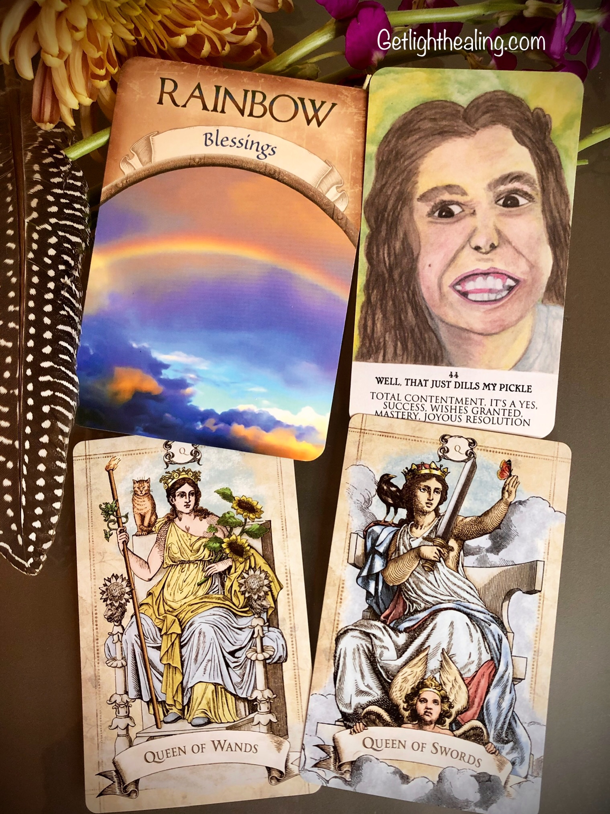 Guidance for week of June 14, 2026:“All The Good Stuff”
This week begins with a New Moon, one of the most powerful phases of the lunar cycle, signifying new beginnings that first require a moment of retreat. It calls for the preparation of a clean slate, a period of renewal, of clearing what is old to make room for all that is new.
The Rainbow appears as a very good omen. A turning point, a happy ending after a particularly stormy season. A shift for the better is underway, heralding long-awaited wishes finally coming true-incoming “All Good Stuff “.
These two Queens arrive pulling double duty. As blessings to you and as witnesses to your blessed moment, equally delighted by what is unfolding in your life. Two significant women, thrilled beyond belief, step forward to share in your joy. These two “grand dames” both carry a deep sense of satisfaction and happiness about what is emerging- a situation full of promise - fully aware of the preciousness and impermanence of moments like this one. Fair warning: these are two strong personalities, and they may seem at times to be taking over. One with her infectious excitement, and the other with her opinions or directives. Please know they honestly mean the best. You may have to be patient with them -as if one would wait for a storm to finish rolling through before the rainbow appears. As impermanent as a rainbow itself, they will not be around forever - which makes their presence here, now, all the more worth savoring.
Rainbow (Blessings)
Queen of Wands & Queen of Swords
“Well That Just Dills My Pickle”