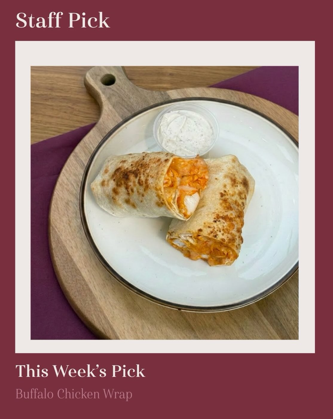 Meet our staff pick of the week — the Buffalo Chicken Wrap! We’ll let our Kitchen Manager, Sommer, tell you why it is one of her favorites:
“I love the buffalo chicken wrap because not only does it have a little bit of heat to it, but the chicken and mozzarella are hearty and it’s just a really delicious but filling meal.”
— Sommer
Come in and try it for yourself!
#CarrollsKitchen #StaffPick #BuffaloChicken #DowntownRaleigh #LocalEats