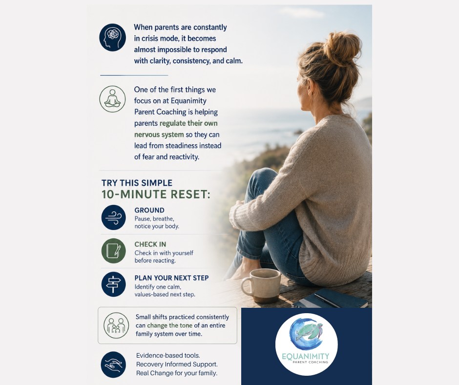 When parents are constantly in survival mode, it becomes much harder to respond with clarity, consistency, and calm.
One of the foundational things we focus on at Equanimity Parent Coaching is helping parents regulate their own nervous system so they can lead from steadiness instead of fear and reactivity.
Here’s a simple 10-minute reset you can practice during difficult moments:
Ground
Pause. Breathe slowly. Notice what is happening in your body without judgment.
Reframe
Ask yourself: “What is one calm, values-based next step I can take right now?” Small shifts in perspective can interrupt reactive patterns.
Connect
Respond with steadiness instead of urgency. Focus on presence, clarity, and emotional safety rather than control.
These are practical, evidence-based tools rooted in nervous system regulation, attachment science, and recovery-informed parent coaching.
You do not have to navigate substance use or mental health challenges alone.
Learn more at EquanimityParentCoaching.com 💙
#EquanimityParentCoaching #ParentSupport #NervousSystemRegulation #FamilyRecovery #ParentCoaching #MentalHealthSupport #ParentingTeens #AttachmentBasedParenting