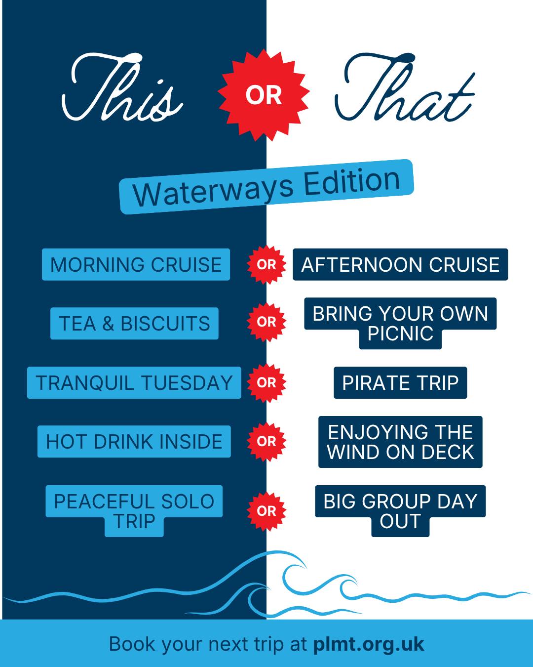 We couldn't choose… so now it’s your turn 👀
Which would you pick in our Waterways Edition?
☀️ Morning cruise or afternoon cruise?
☕ Tea & biscuits or bring your own picnic?
🏴☠️ Pirate Trip or Tranquil Tuesday?
🌬️ Hot drink inside or enjoying the wind on deck?
🚤 Peaceful solo trip or big group day out?
Let us know your choices in the comments.
👉 Ready to plan your next trip? Visit the link in our bio and book!