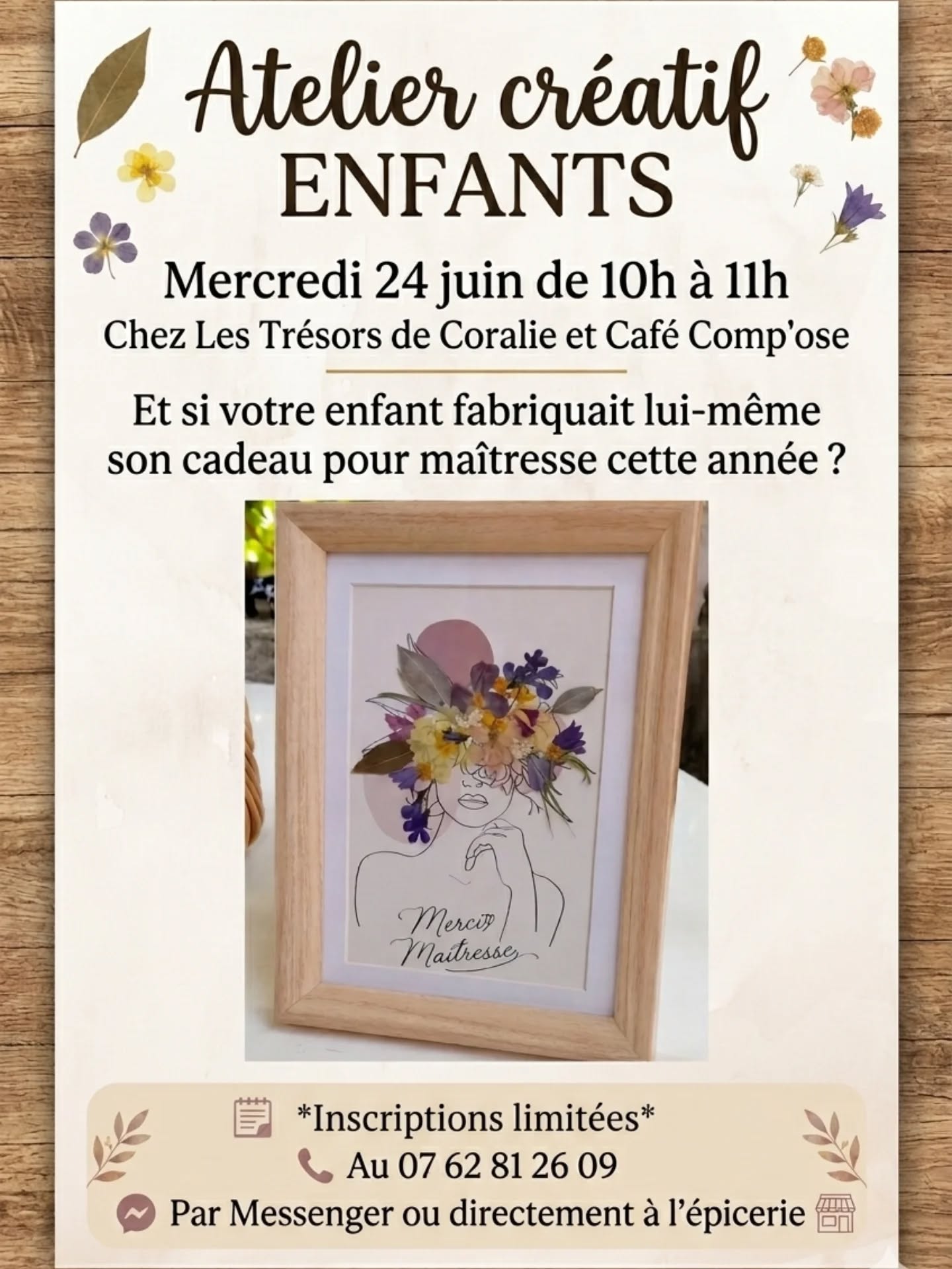 🎨 ATELIER CRÉATIF ENFANTS : Un cadeau unique pour la maîtresse ! 🎁
La fin de l'année scolaire approche à grands pas... Et si votre enfant fabriquait lui-même un magnifique souvenir pour remercier sa maîtresse ? 👩🏫❤️
📅 Mercredi 24 juin, de 10h à 11h
Chez Les Trésors de Coralie et Café Comp'ose 📍
⚠️ Places limitées !
Pour offrir les meilleures conditions de création à vos enfants, le nombre de places est restreint. Ne tardez pas à réserver !
Inscription :
📞 Par téléphone au 07 62 81 26 09
💬 Par message privé via Messenger
🛒 Directement sur place, à l'épicerie
On a hâte de partager ce moment de créativité et de partage avec vos petits artistes ! 🌸🎨✨
#mercimaitresse #ateliercreatif
#tainlhermitage #drome #atelierenfant