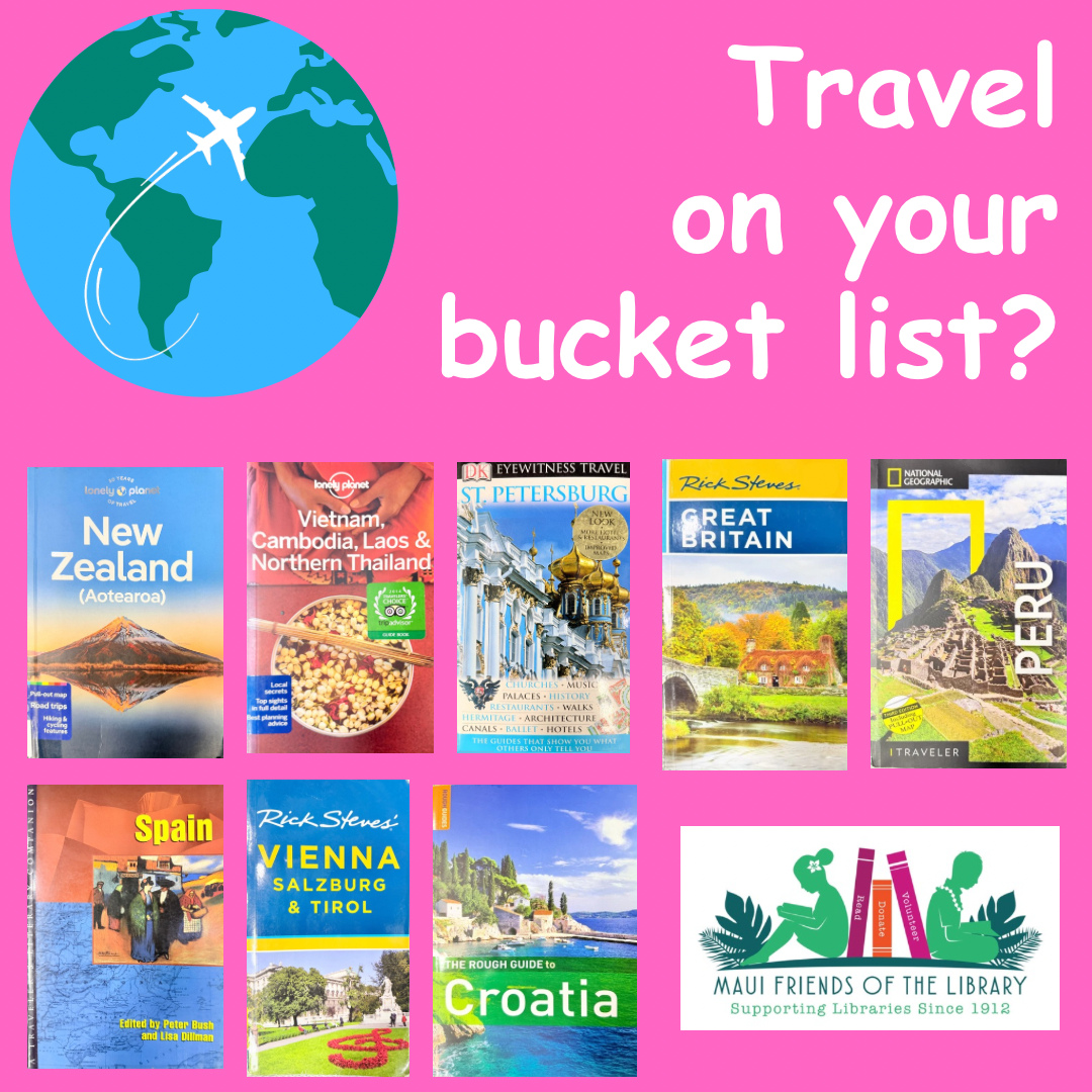 Now is the time to start on your travel bucket list!🛫 Maui Friends of the Library has a large selection of travel books just waiting to help you decide your next destination! What are you waiting for?
⛩️🛕🕌🏰⛺️🛖🏔️🎡
Locations:
Kihei at 95 E Lipoa
Kahului at Queen Ka’ahumanu Center
Pu’unene at East Camp 5 Rd
Help us out…PLEASE! Every time you LIKE, SHARE and FOLLOW us on Facebook and Instagram it spreads the word in our community about our mission to improve literacy on Maui.
#MauiFriendsoftheLibrary #MFOL #MauiBooks #MauiBookstore #UsedBooks #SupportLocalMaui #BookLovers #Mauinonprofit #Hawaiianbooks #reader #booklover #books #reading #read #kidsbooks #booklovers #usedbooks #Hawaiiana #Mauireads #Mauibooks #libraries #great reads #beachreads #Mauilocal #travelbooks #travel #bucketlist #vacation #destinations