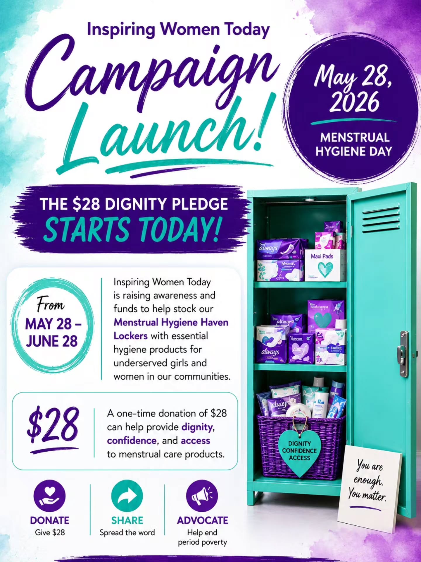 ✨ THE $28 DIGNITY PLEDGE STARTS TODAY ✨
From May 28 – June 28, Inspiring Women Today is raising awareness and funds to help stock our Menstrual Hygiene Haven Lockers with essential hygiene products for underserved girls and women in our communities.
A one-time donation of $28 can help provide dignity, confidence, and access to menstrual care products.
❤️ Donate
❤️ Share
❤️ Advocate
Make your pledge today. Visit our link in bio!
#28DignityPledge #MenstrualEquity #EndPeriodPoverty #HoustonNonprofit #InspiringWomenToday PeriodsWithoutStigma