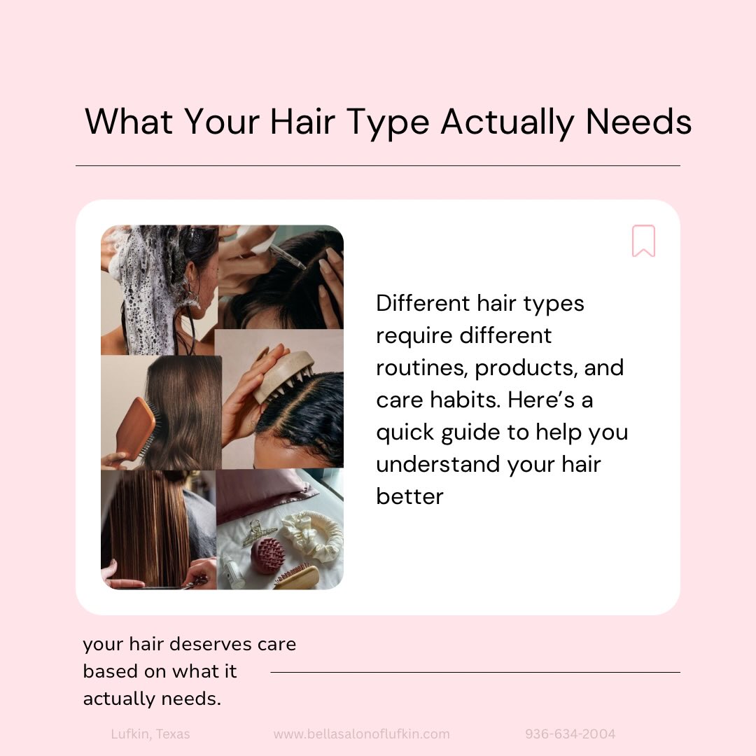 Not all hair is the same, and your routine shouldn’t be either.
Understanding your hair type is the first step to healthier, stronger, more beautiful hair 🤍 From straight to curly, every texture has its own needs and care routine.
Save this as your quick guide for better hair days ahead 💕
#HairCareTips #HairEducation #HairTypes #BellaSalon #LufkinTX