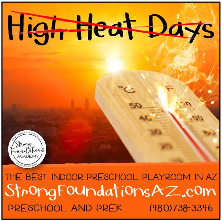 Excessive Heat? š„ Arizona weather won't stop our fun!
Did you know? The average temperature in Phoenix in July is 106 degrees and young children are more susceptible to heat-related illness.
When experienced educators are given the opportunity to design a building, we focus on what is most important - KIDS! We created Strong Foundations with Arizona's unique climate in mind. We provide our students with spacious classrooms and the best INDOOR preschool playroom in Arizona. #PlayEveryday
Visit our website to take a virtual tour and get a peek of our indoor and outdoor play space! StrongFoundationsAZ.com
#LearnandPlay #ChandlerPreschool #BalancedlLearning #ChandlerMoms #GilbertMoms #EastValleyMoms #ChandlerAz #AzKids #StrongFoundationsAcademy #ChandlerKids #GilbertKids #ArizonaKids