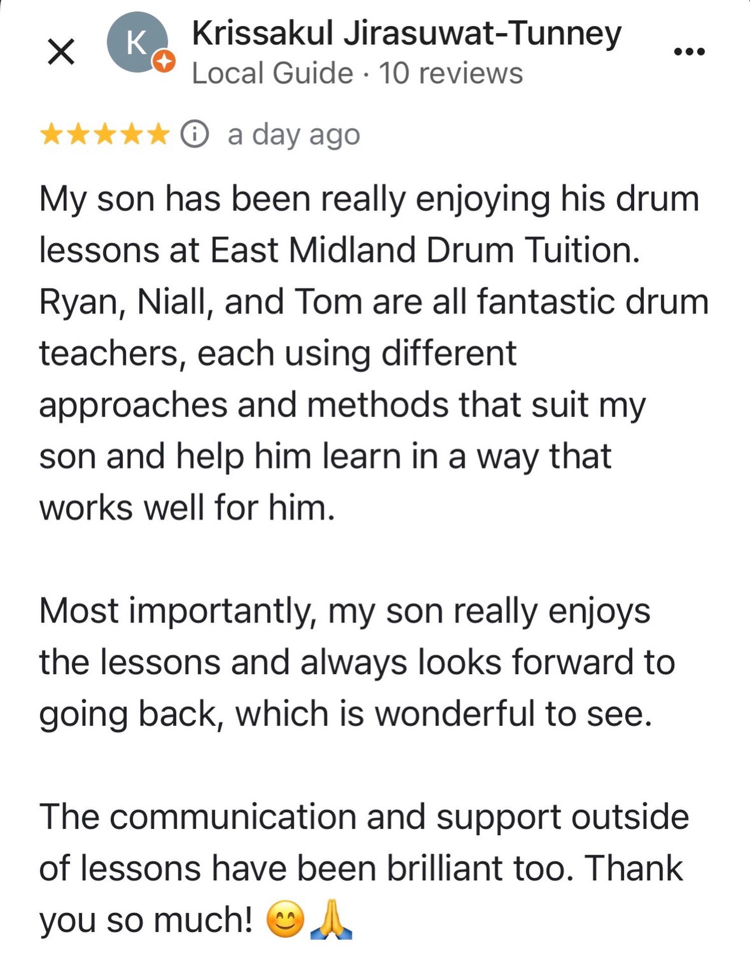 Thank you so much Kris for such a lovely review of EMDT and the teachers here. We are so happy that your son loves his lessons with us.
#eastmidlandsdrumtuition
#drums
#musiceducation
