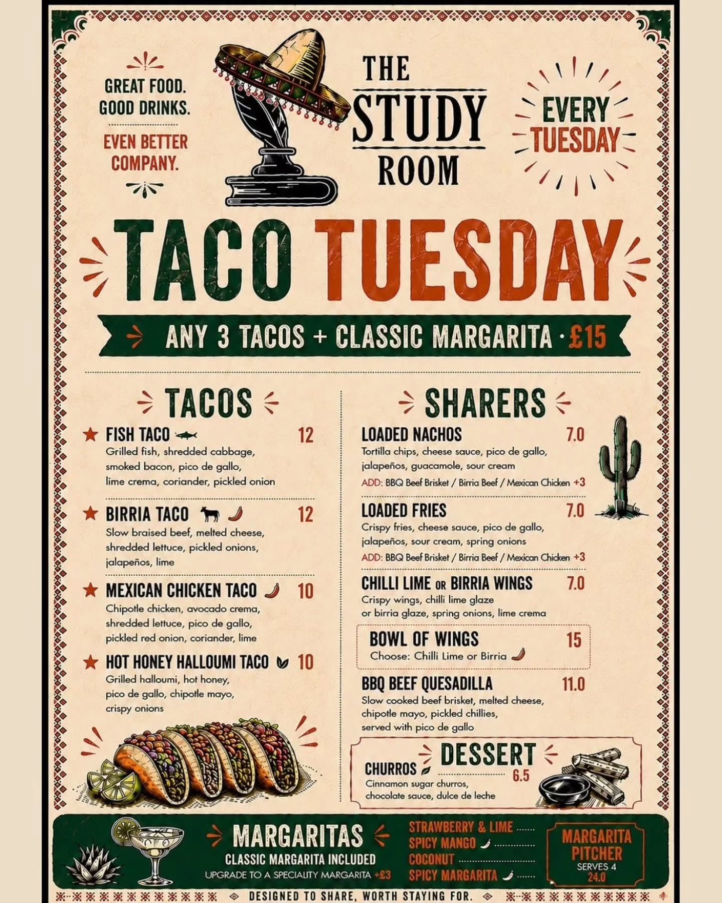 š® TACO TUESDAY š®
Every Tuesday Grab ANY 3 TACOS + a Classic Margarita for just Ā£15 every Tuesday at The Study Room š„
Choose your favourites: š Fish Taco
š Birria Beef Taco
š Mexican Chicken Taco
š§ Hot Honey Halloumi Taco
Plus loaded nachos, loaded fries, wings, quesadillas, churros and margarita upgrades if youāre making a night of it š¹
Great food. Good drinks. Even better company.
š The Study Room, Lancaster
š® Every Tuesday
šø Classic Margarita included
#TacoTuesday #LancasterFood #LancasterEats #TheStudyRoomLancaster #LancasterBars LancasterRestaurants TacosAndMargaritas MargaritaTime FoodieLancaster