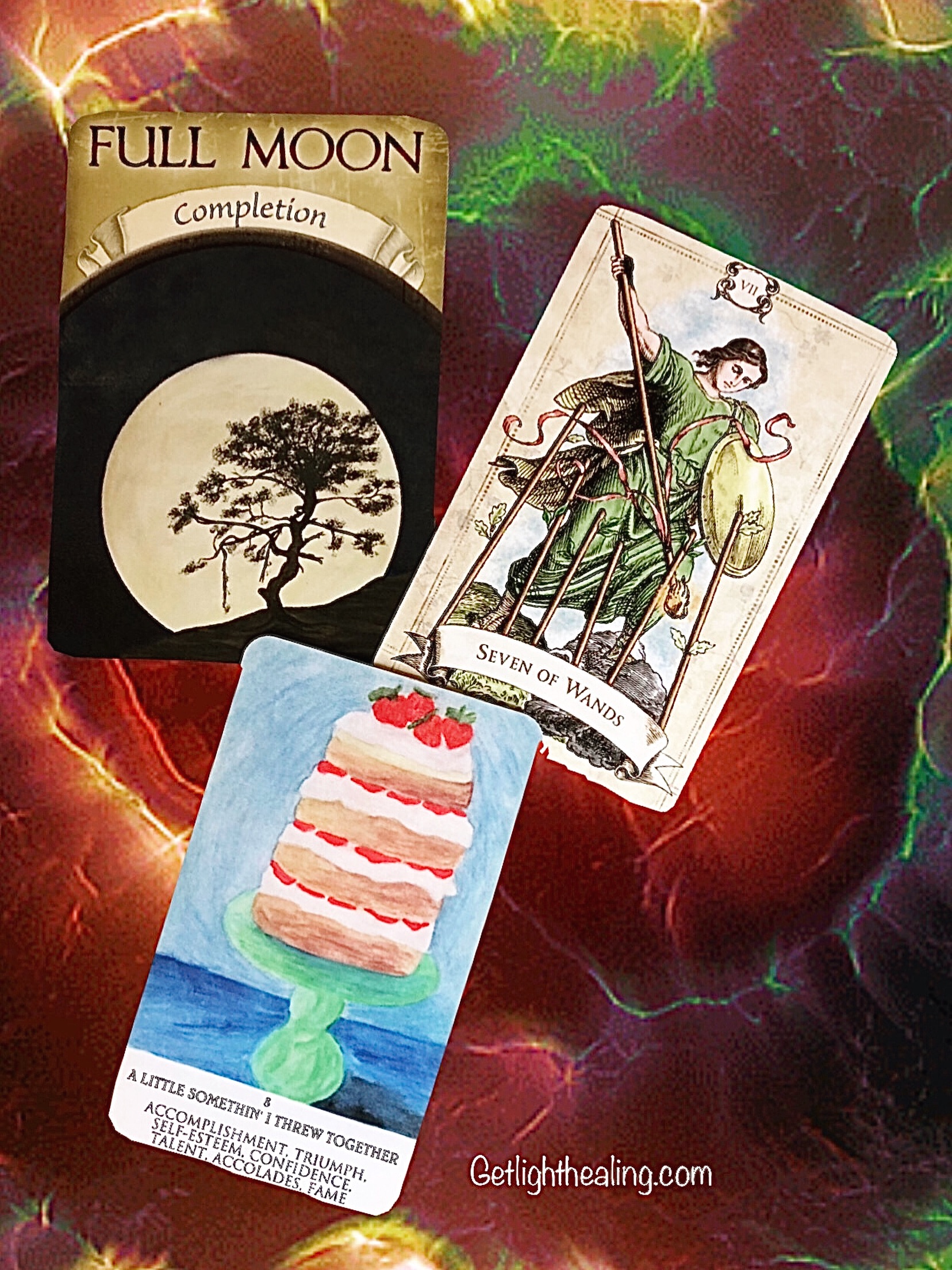 Guidance for week of June 7, 2026:“No Contest, No Quarter”
This week begins with a Waning Gibbous Moon.. a phase of introspection and gratitude, inviting you to take note of all that was revealed during the recent Full Moon. Rest and take pleasure in knowing that whatever you have been working toward has reached its culmination.
The Seven of Wands announces that the days of proving yourself to others are over. Done with the struggle to claim the top spot-or at least a seat at the table - you are now fully seen as qualified, capable, and deserving of your place. Something has come full circle. The Full Moon places your capability in full view, driving home the truth of what you have built. This was no overnight achievement. It was a careful, deliberate construction. Layer upon layer of authenticity and quality, day after day of showing up and bringing your “A-game”. There was no need “to beat others over the head”. Your talent and determination spoke for itself... and you hardly broke a sweat doing it. It was your unwavering adherence to your own standards, the steady execution of your inner drive, and your quiet awareness of your own worth that held the competition at bay and silenced “the peanut gallery”. You outlasted the doubt, including the doubt that lived inside your own head. No contest only reward. Accept the praise and acknowledgement that flows your way this week - it is well earned. The accolades are simply the cherry on top.
Full Moon-Completion
7 of Wands
“A little something I threw together”