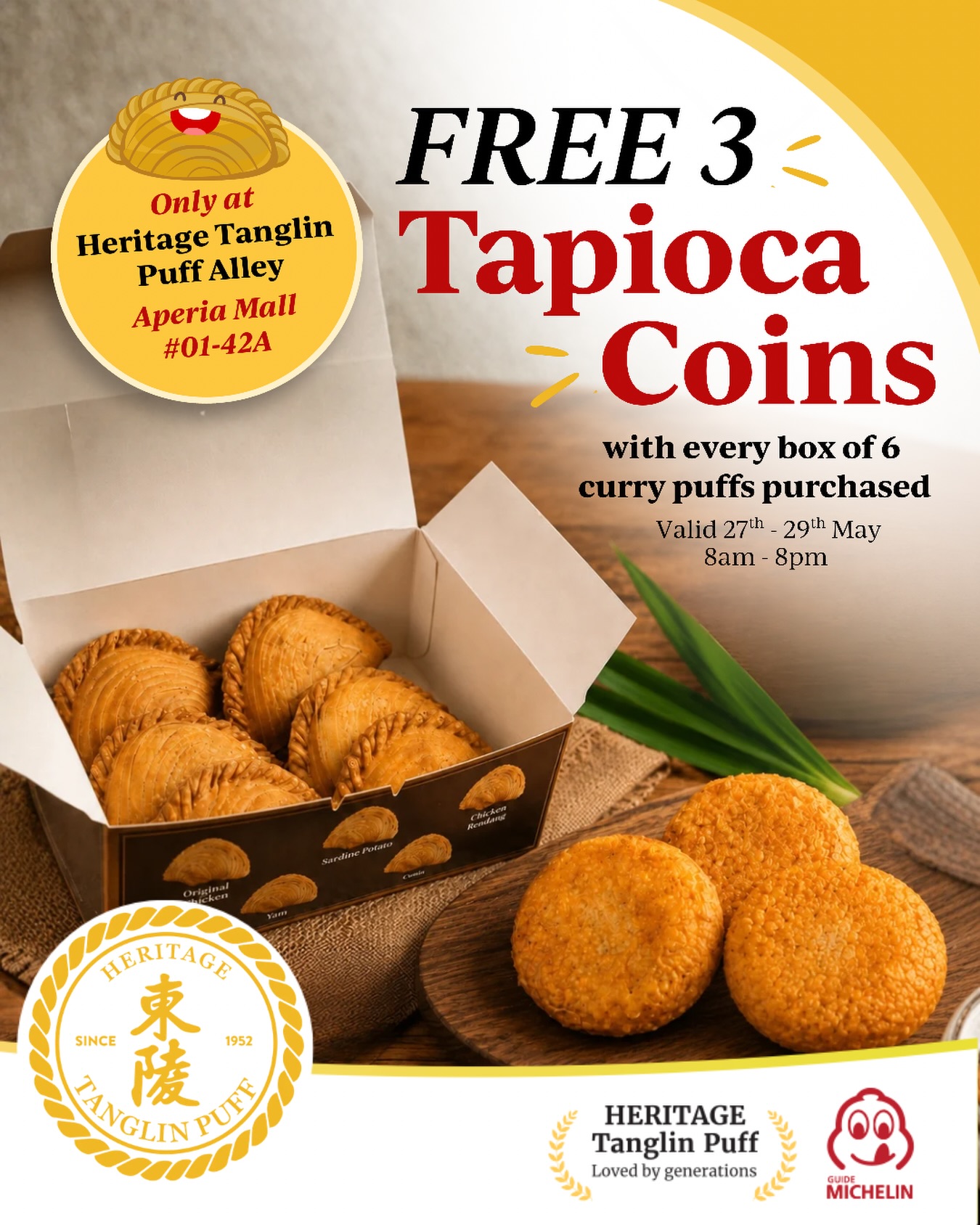 Opening Promotion! Celebrate our grand opening with us at Aperia Mall, Lavender. Buy any box of 6 puffs and enjoy 3 complimentary tapioca coins on us from 27–29 May!
Indulge in the flavours and traditions that have been loved for generations since 1952. See you at our stall (#01-42A)!