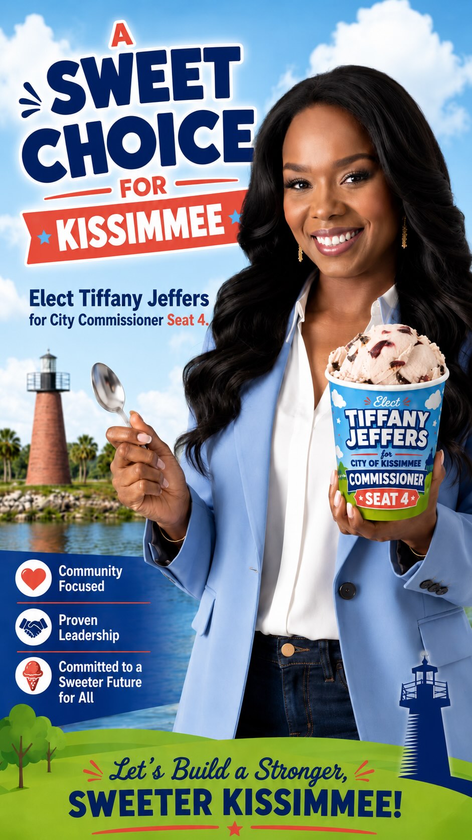 Ice cream over politics? Sounds sweet to me 🍨
I’m Tiffany Jeffers, candidate for Kissimmee City Commission Seat 4, and I’m running to help build a sweeter Kissimmee through community investment, affordable housing, workforce development, youth investment, and leadership that stays close to the people.
Because when we mix love, service, strategy, and accountability, we can create real results for our city.
Let’s make Kissimmee sweeter together.
Learn more or join the movement:
www.jeffersforkissimmee.com
Political advertisement paid for and approved by Tiffany Jeffers, Candidate for Kissimmee City Commission Seat 4