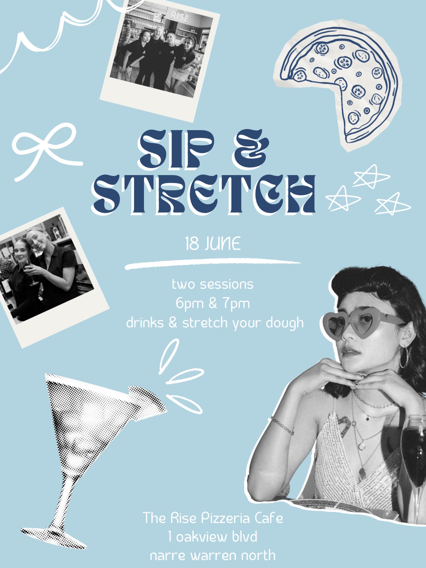stretch your dough, make your own woodfired pizza and sip your drink with us 🍕🍸
Sip & Stretch is coming to The Rise for one night only - a hands-on pizza making night filled with cocktails, good food and good company ✨
18 June
two sessions: 6PM & 7PM
$39 per person
Secure your spot via bio, therisepizzeria.com.au or call (03) 8790 4893.
Spots fill quickly, don’t miss out 💙
#therisepizzeria #narrewarrennorth #pizzeria #pizzaclass cocktailnight