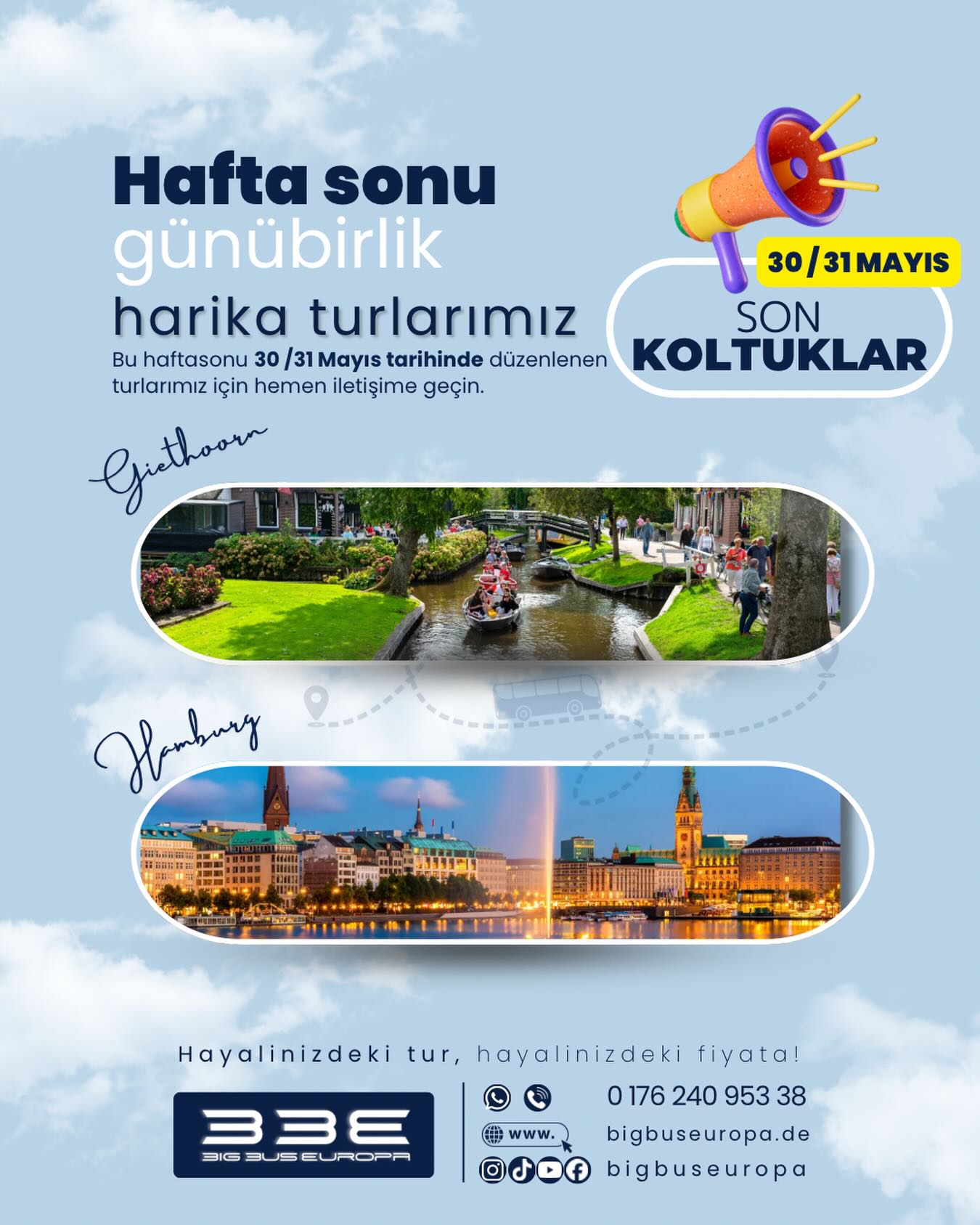 Bu hafta sonu rotanı seçmeye hazır mısın? 🚍✨
Doğanın huzurunu Giethoorn’un eşsiz kanallarında keşfetmek…
ya da Hamburg’un büyüleyici şehir atmosferinde unutulmaz bir gün geçirmek…
Big Bus Europa ile konforlu ve planlı bir yolculuk seni bekliyor 💙
🗓️ 30 / 31 Mayıs
⚠️ Son koltuklar hızla doluyor!
✔️ Konforlu ulaşım
✔️ Keyifli rota planı
✔️ Serbest gezme zamanı
✔️ Unutulmaz anılar
Yerini ayırtmak ve detaylı bilgi almak için hemen bizimle iletişime geç 📲
🌐 bigbuseuropa.de
📞 0176 240 953 38
#bigbuseuropa #giethoorn #hamburg #avrupaturları #günübirliktur