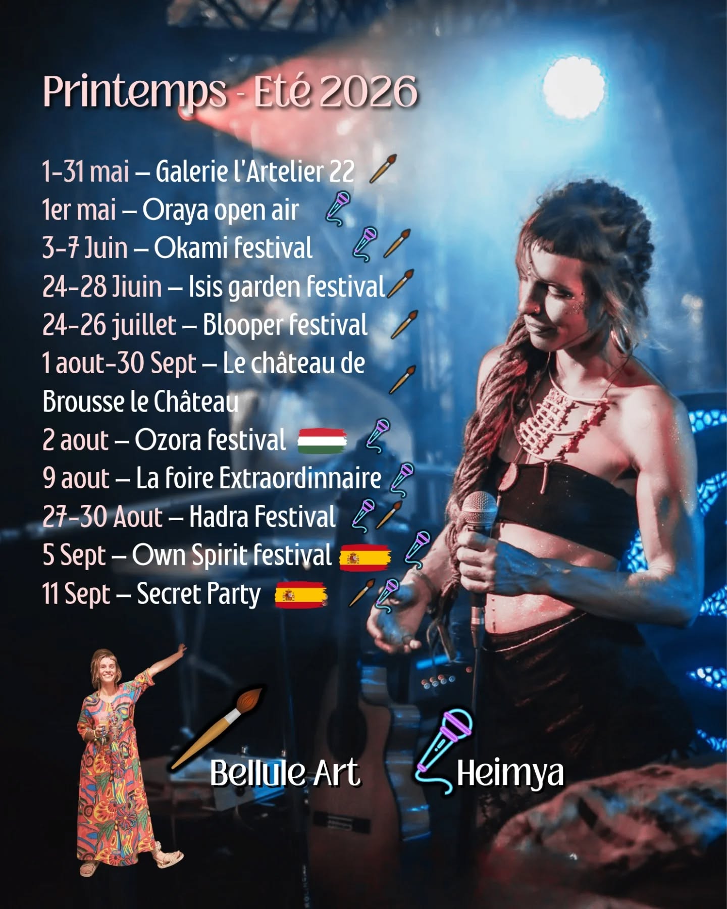 Beaucoup de mouvements ces prochains mois ✨
Des expositions, des festivals, des concerts, des rencontres…
Des moments pour partager ce que je crée, autrement et dans des contextes différents.
Très reconnaissante de pouvoir faire vivre à la fois Bellule Art et Heimya sur cette saison 2026 🌿
Peut-être à bientôt sur une date.
Merci à @les_photos_de_julia pour cette jolie capture ✨
🎨 @belluleart
🎤 @heimya_
#artistefrancaise #festivalart #artistemultiple #belluleart #heimya