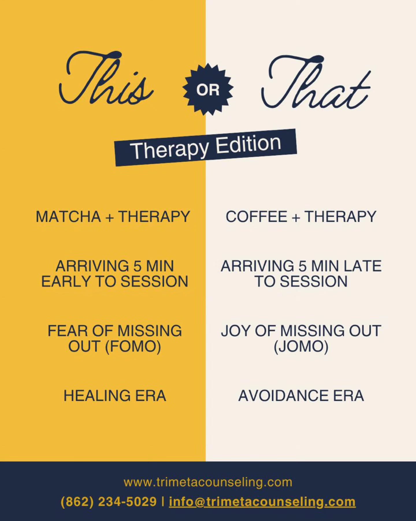 This or That
but make it therapy edition ☕🍵✨
No judgment here, we’re just happy you made it to session 😌
At Tri-Meta Counseling & Associates, we believe therapy should feel human, relatable, and supportive, wherever you are in your journey.
Drop your choices in the comments 👀👇🏽