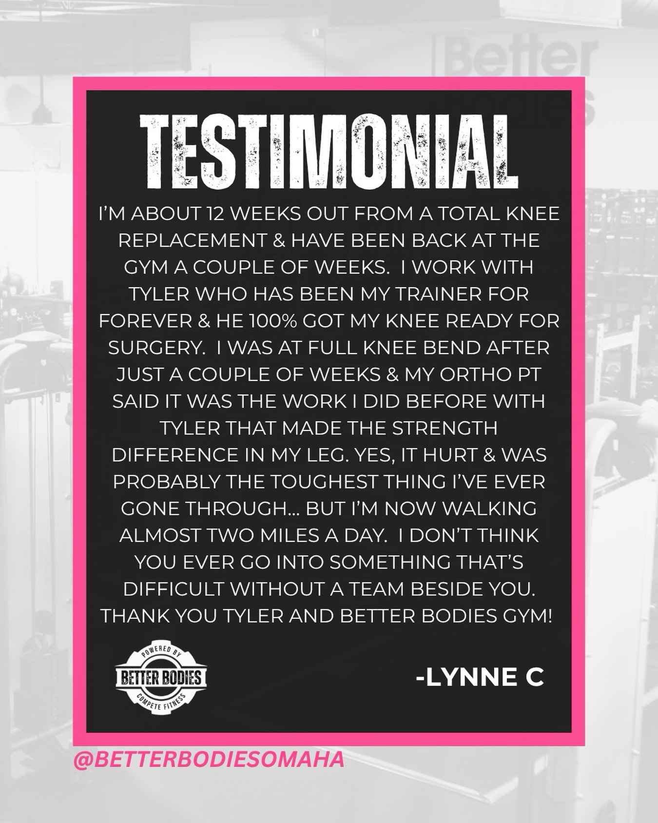 â12 weeks post-op and already walking almost two miles a day.â - Lynne C đ
Recovery isnât easy â but having the right people in your corner can make all the difference. Huge shoutout to Tyler for helping build the strength and confidence before surgery, and to Lynne for putting in the work every step of the way. Stories like this are what Gym Time is all about. đȘ
Whether your goal is recovery, strength, confidence, or simply feeling better day-to-day, weâre here to help you through it.
Claim your FREE 7-day gym pass through the link in our bio and come see what Better Bodies is all about! đ
#betterbodiesomaha #omahagyms #omahafitness #membertestimonial #gymtime
