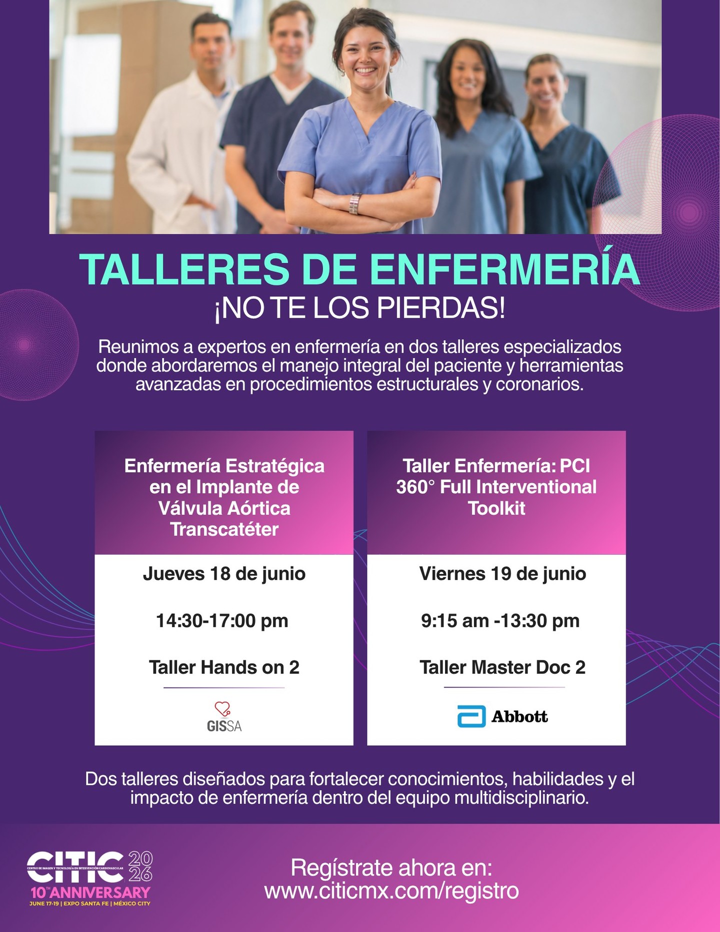 👩⚕️✨ Enfermería protagonista en la excelencia clínica.
En CITIC 2026 queremos que formes parte de una experiencia académica diseñada para fortalecer el liderazgo, la innovación y la atención especializada en enfermería cardiovascular.
Nuestros talleres abordarán herramientas y protocolos clave en intervencionismo cardíaco, seguridad del paciente y trabajo multidisciplinario dentro del Heart Team. 🫀
Un espacio para aprender, actualizarse y seguir transformando el cuidado cardiovascular con precisión, compromiso y humanización. 💜
#CITIC2026 #Enfermería #CardioNursing #Hemodinamia #TAVI #PCI #EducaciónMédica #IntervencionismoCardiaco #NursingLeadership