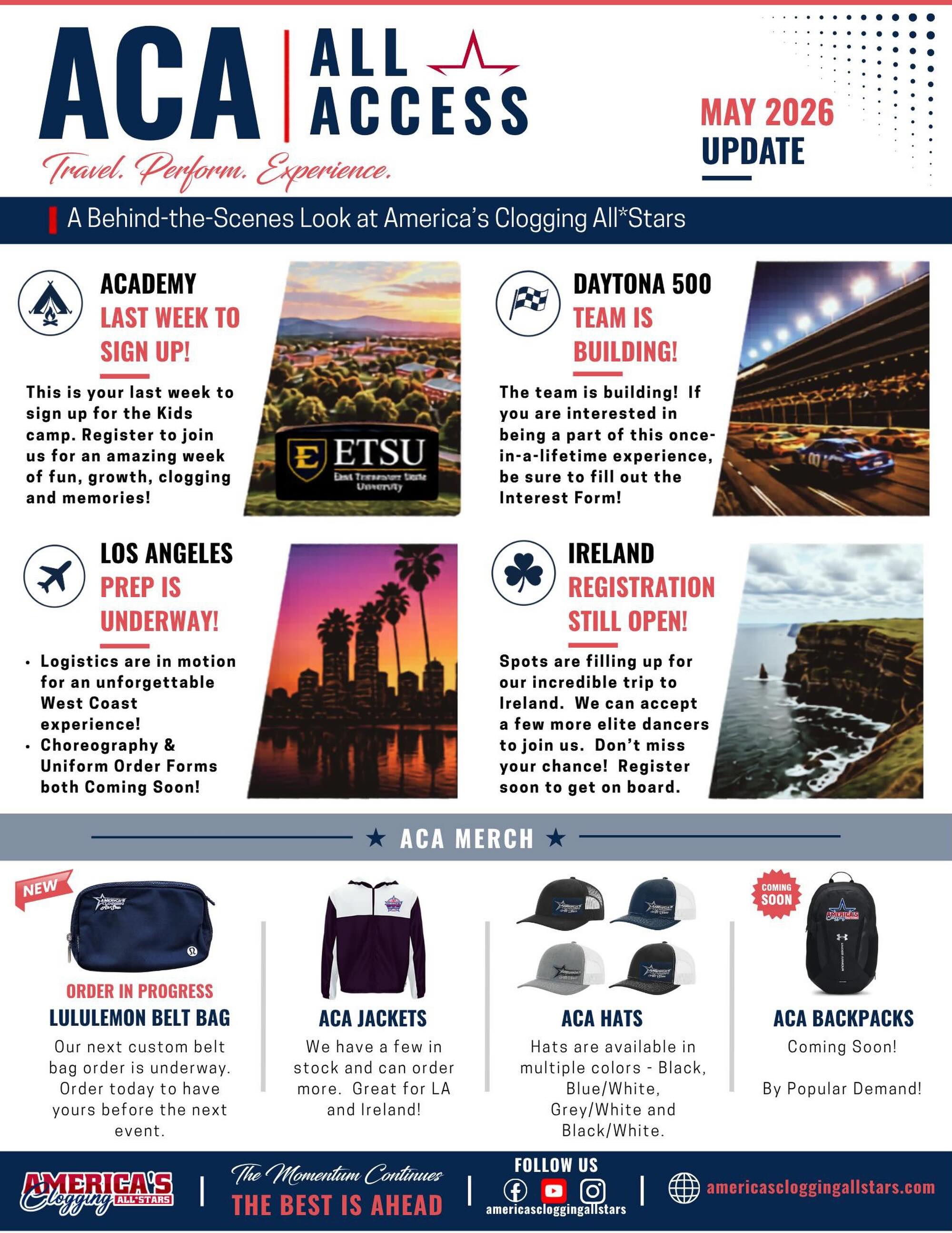 ✯ ACA ALL ACCESS • MAY 2026 UPDATE ✯
Take a behind-the-scenes look at everything happening with America’s Clogging All*Stars!
We’ve got BIG things happening right now:
• ACAdemy — Final Registration Week
Register Here: http://tiny.cc/4o04101
• Daytona 500 Team Interest & Planning
Interest Form: http://tiny.cc/9o04101
• LA Prep & Choreography Updates
More details coming soon!
• Ireland Registrations Coming In
Email for Information: americascloggingallstars@gmail.com
• ACA lululemon Belt Bag Order In Progress
Order Here: http://tiny.cc/fo04101
• ACA Jackets Available
Order Here: http://tiny.cc/do04101
• Send Us Your ACA Bio and Take Part
Submit Here: http://tiny.cc/go04101
• New ACA Backpacks Coming Soon
━━━━━━━━━━━━━━
More announcements, opportunities, performances, and behind-the-scenes updates are coming soon!
Travel. Perform. Experience.
