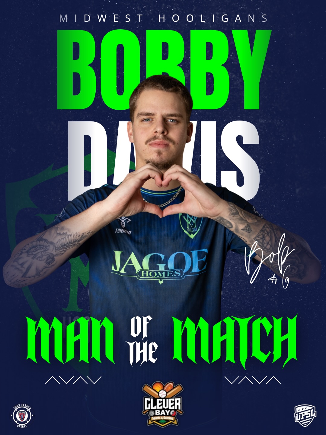 Well deserved for the man of the match results this week!
🏆 Man of the Match: Bobby Davis
🗳️ Yepple Fan Voted MOM: Stevie Jean
Sponsored by: @cleverbaysportsandgaming
#MidwestHooligans #UPSL #manofthematch #fanvoted #welldeserved
