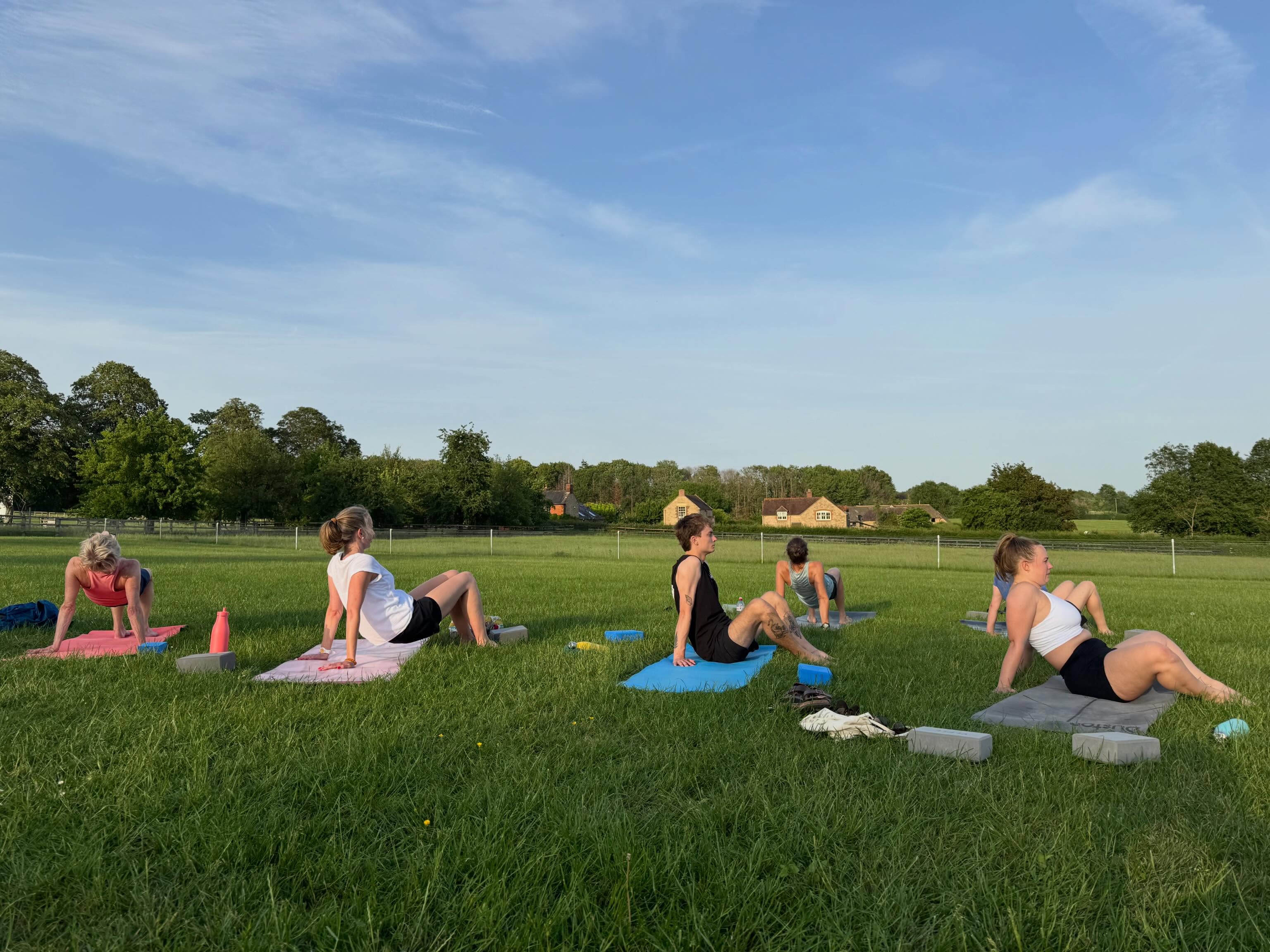 Horses, hares and humans. Overbury yoga on the field tonight. #overburyyoga