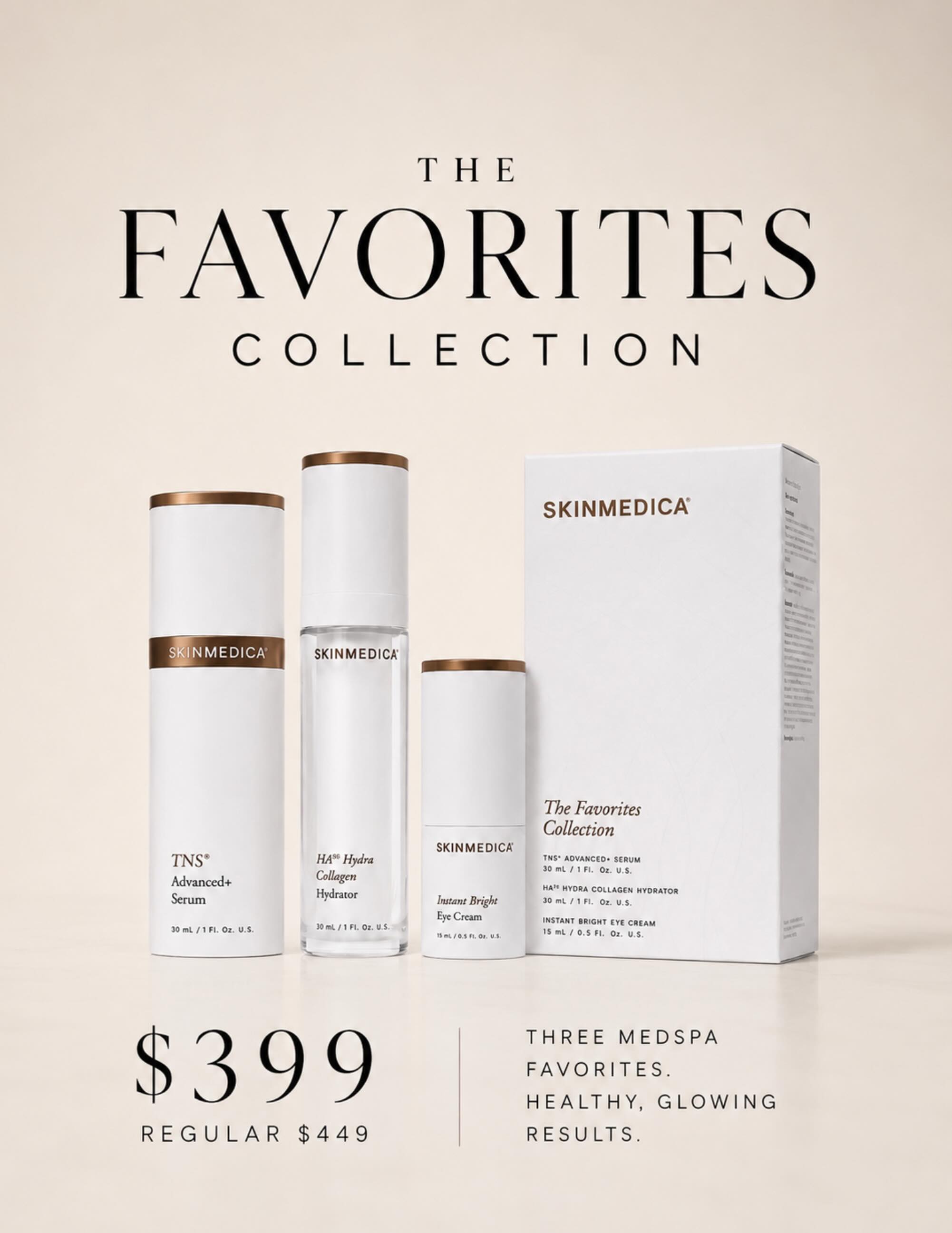 The Favorites Collection ✨
Three of our most-loved SkinMedica essentials in one curated set for healthy, glowing-looking skin.
Includes:
• TNS Advanced+ Serum
• HA
