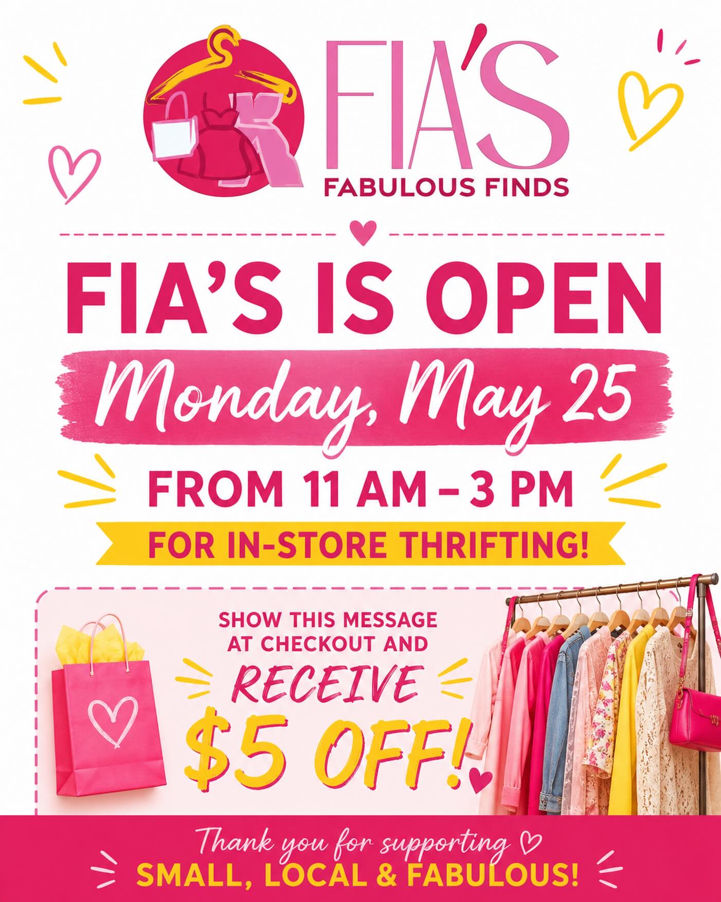 🌧️ Rainy Days Make the Best Thrifting Days! 🛍️
Fia’s Fabulous Finds thrift store is OPEN TODAY — Monday, May 25 from 11 AM to 3 PM!
Come treasure hunt with us and enjoy a $5 OFF coupon when you mention this post at checkout! 💕
📍843 Upshur Street NW
✨ New & thrifted finds, sizes XS–3X, shoes, accessories, home goods & more!
Don’t let the rain stop your thrift therapy — some of the best finds happen on rainy days! #vintagefleamarketstyle