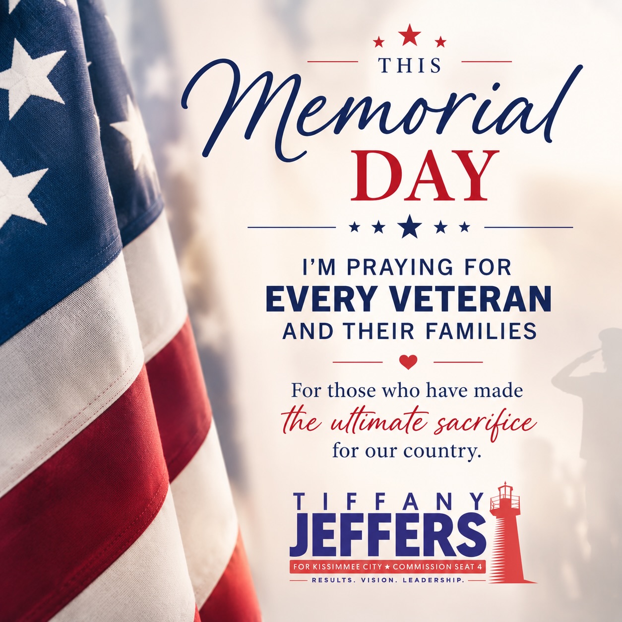 This Memorial Day, my heart and prayers are with every veteran, every military family, and every family carrying the weight of a loved one who made the ultimate sacrifice for our country.
We honor the brave men and women who gave their lives in service. We remember their courage. We hold their families close. We reflect with gratitude, humility, and deep respect.
May we never take their sacrifice lightly. May we build communities worthy of the freedom they helped protect.
Praying for peace, comfort, and strength for every family remembering someone they love today. 🙏🏽🩷
Political advertisement paid for and approved by Tiffany Jeffers, Candidate for Kissimmee City Commission Seat 4