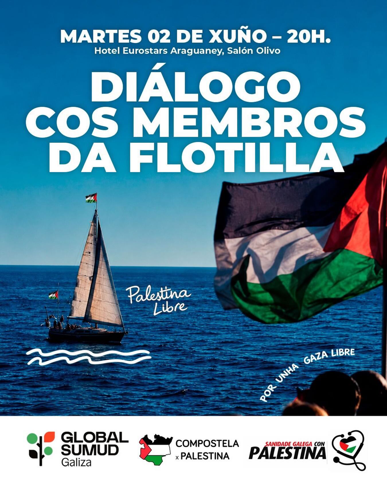 O vindeiro martes 2 de xuño terá lugar o ‘Diálogo cos membros da flotilla’ 👇
🕐 Ás 20h
📍 Salón Olivo do Hotel Eurostars Araguaney
🎟️ Entrada libre ata completar aforo.
A Delegación Galega da ‘Global Sumud Flotilla’, ‘Sanidade Galega con Palestina’ e ‘Compostela por Palestina’ organizan este encontro aberto para compartir o testemuño dos galegos participantes na flotilla internacional, interceptada cando se dirixía a Gaza 🇵🇸