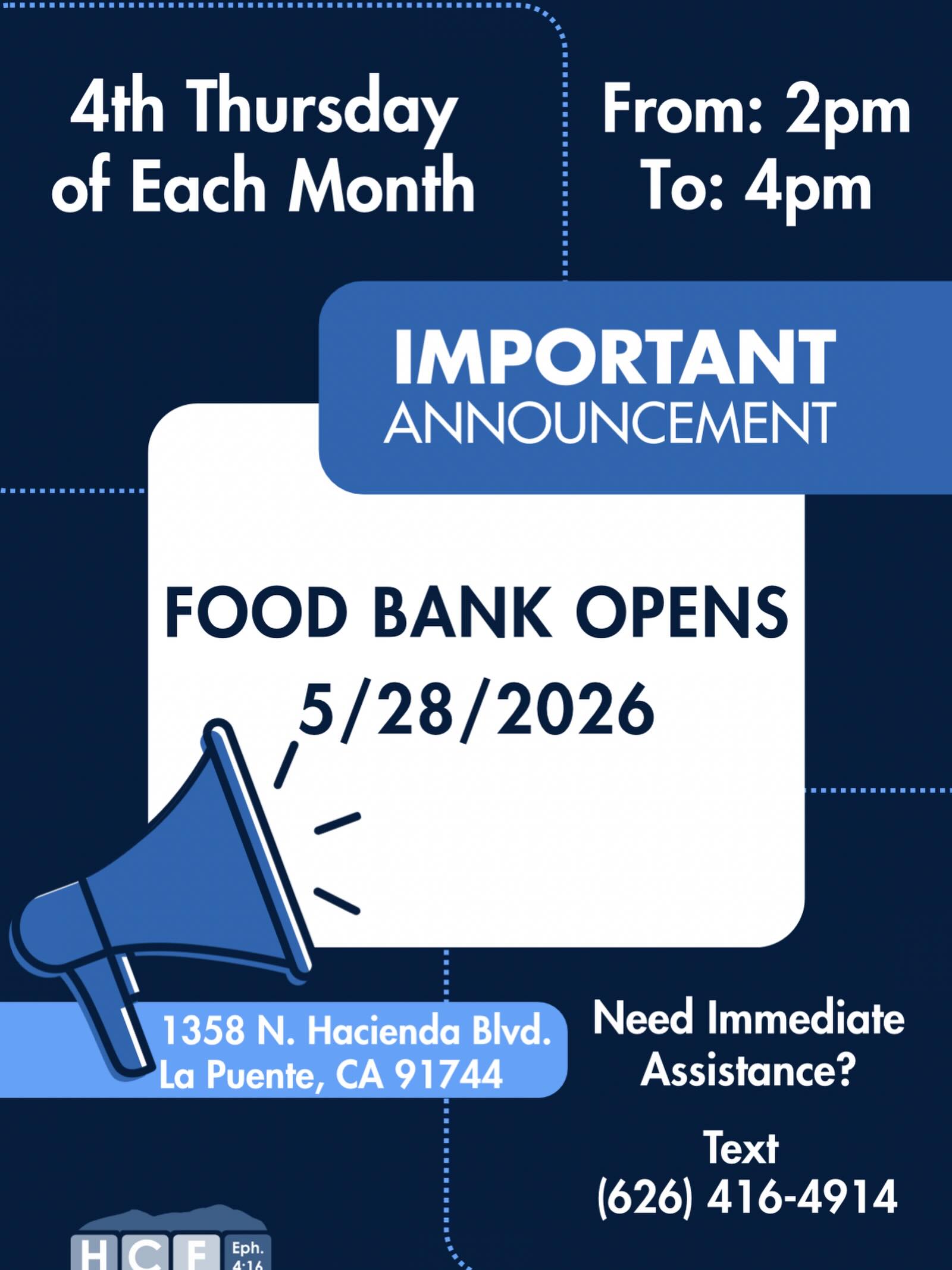 Food bank is officially open!!
Every 4th Thursday of the month, don’t miss it! Free food for your whole family! Spread the word, love your neighbors!