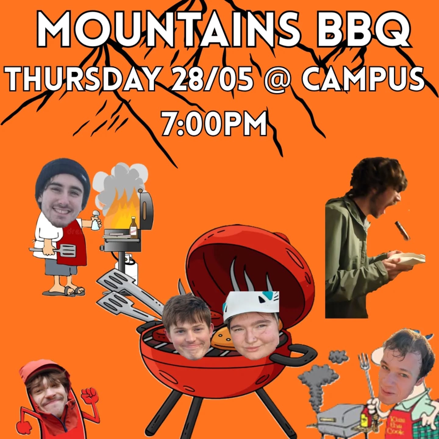Hi Mountaineers! We're holding a bbq this Thursday from 7pm in the field behind claycroft. Hope to see you there!
