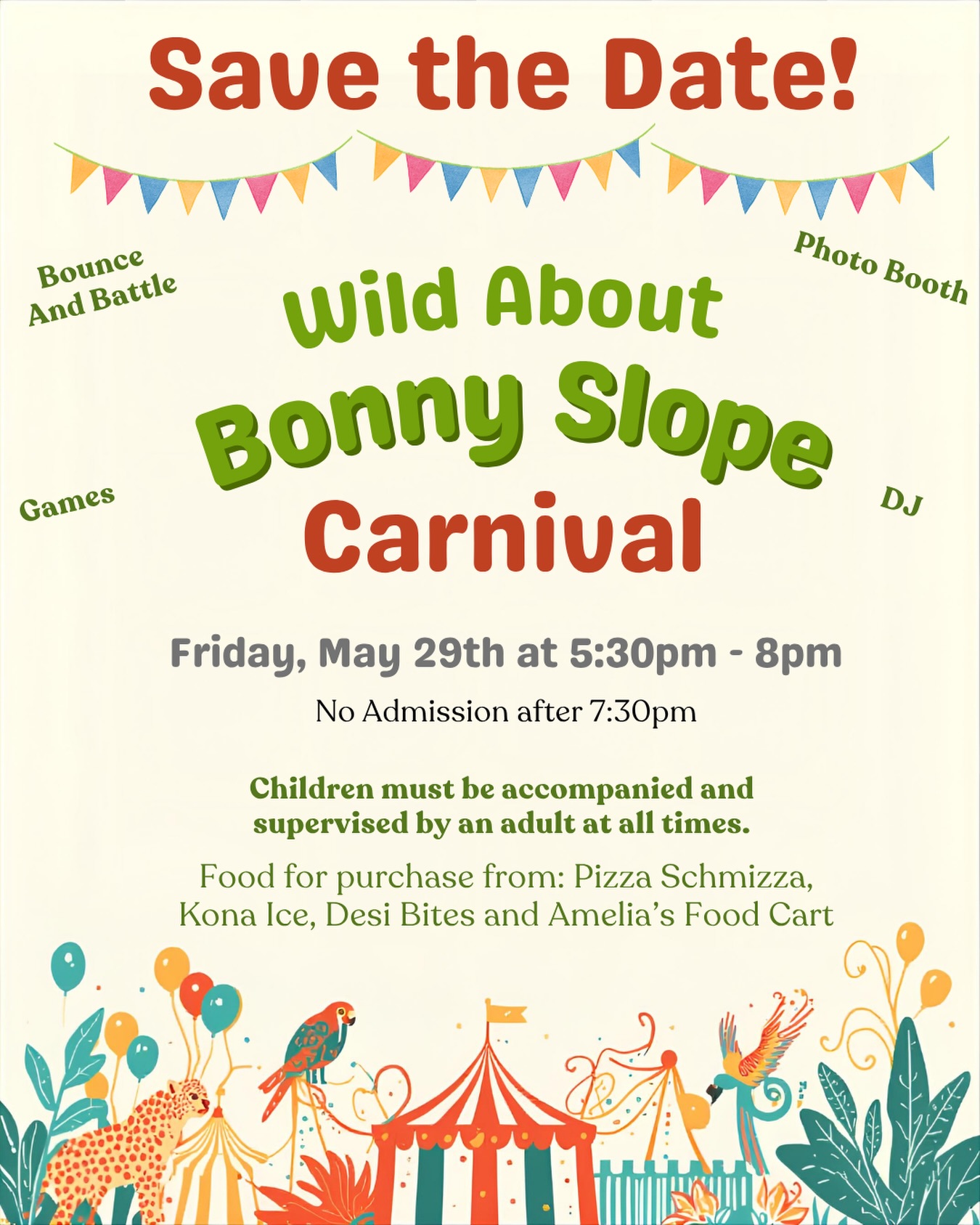 It’s almost time for one of our community’s most beloved events - Carnival is happening tomorrow, May 29! 🎪❤️ Can’t wait to see you all for a great evening full of friends, food, and fun! 🤸
P.S. we still need a handful of volunteers to help everything run smoothly - sign up on ParentSquare!